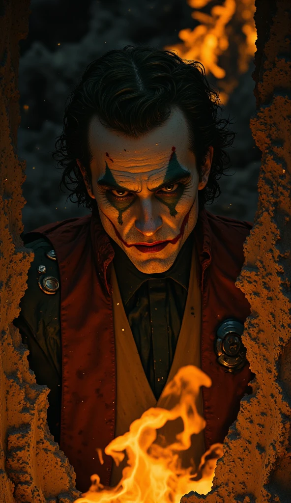 Joker risen from the ashes, sparks, 8k, hd, contour light, high contrast, depth of field, ultra detail, photorealism, cinematography, gigantism, from the first person, lots of details, dark tone, bokeh, epic frame, super realistic texture --ar 2:3