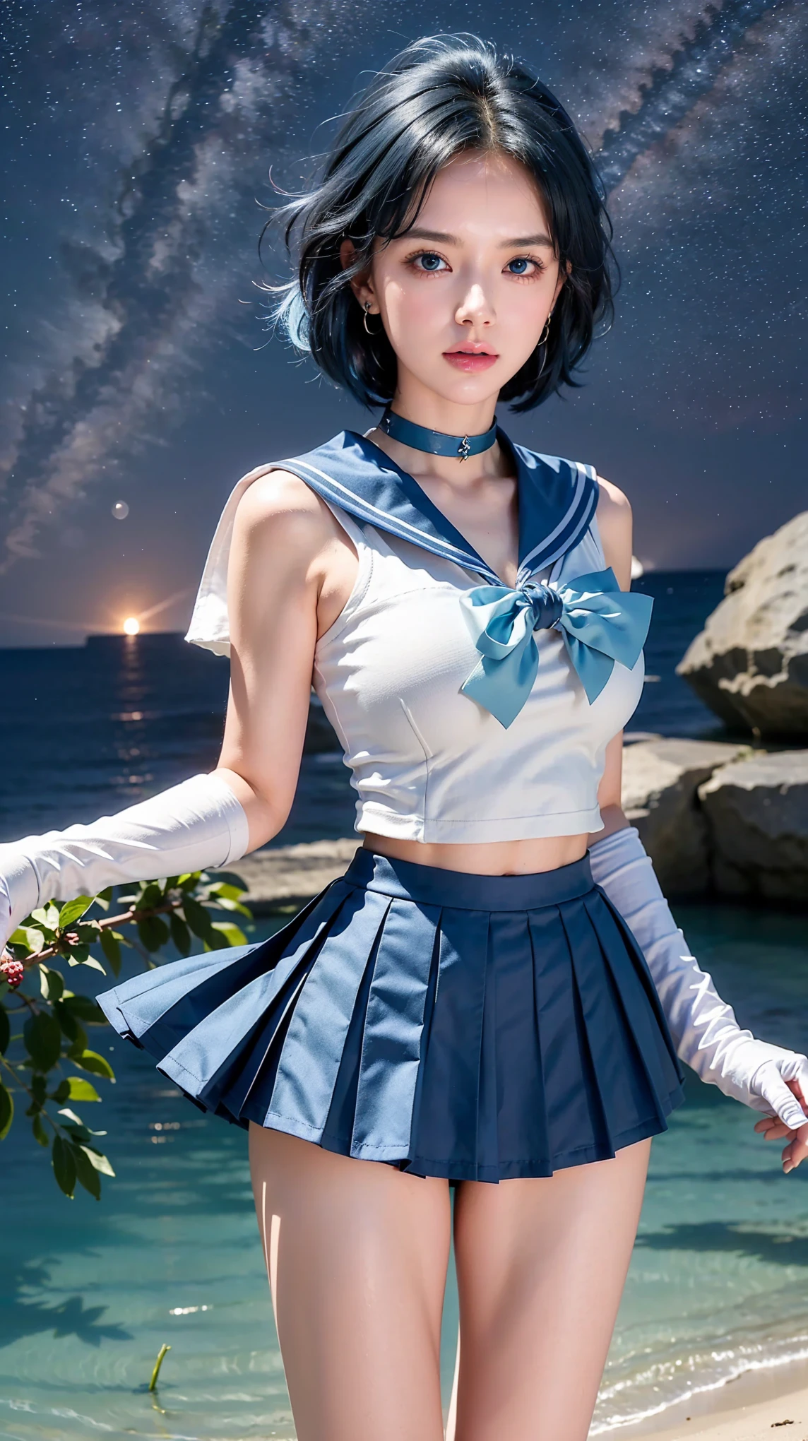 full: 1.3, stand, Tabletop, 。.。.3d, Realistic, Ultra-microphotography, Highest quality, Ultra high definition CG Unity 8k wallpaper, (Mel 1, Tierra, Sailor Warrior Uniforms, White gloves, Blue sailor collar, Blue Skirt, Sailor Warrior Uniforms: 1.2, Sailor Mercury: 1.3, Meishaon), From below, Intricate details, (1 female), 19 years old, short hair, 浮かぶ青いshort hair: 1.2, Sailor Warrior Uniformsが公開, Sexy pleated mini skirt in shiny blue color: 1.3, ((A very large blue ribbon in the center of the chest,,: 1.3, Golden tiara on the forehead: 1.2, Blue gloves on elbows: 1.2, Exposing the upper arm: 1.1, Long knee high boots in shiny blue enamel、Luxurious gold decoration: 1.3, Saturated, broad blue, Saturated Blue Sailor Color, Luxurious gold decorationが施された長い白いラテックス手袋: 1.3, A very large blue ribbon on the back of the waist,,: 1.1, Blue choker, The cleavage is bold, large and sexy: 0.6)), (Ultra-thin, high-gloss white holographic leather: 1.3), White silver high leg cut swimsuit,Blue star-shaped earrings, Parted bangs, ((Captivating smile, Very cute face, Facial details: 1.5, Bright Blue Eyes, Beautiful Face, Beautiful Eyes, Shining Eyes, Thin lips: 1.3, Thin, sharp, pale eyebrows, Long, black eyelashes, Double eyelashes)), Luxury gold jewelry, (Combat Stance), Huge splash wing, Lean and muscular muscles, Muscular Abs, Small Face, Big Breasts, Perfect proportions, Narrow waist, Sexy model posing, Visible pores, Perfect hands: 1.5, Octane Rendering, A very dramatic picture, Strong natural light, sunlight, Exquisite lighting and shadows, Dynamic Angle, DSLR Harp, concentrated: 1.0, Maximum clarity and sharpness, (Water Divinity: 1.1, Splash space background, Dynamic water background, Water on Earth: 1.2, Water hair, Water bubbles, Dynamic Frame, Mercury, moonlight, moon, Dynamic Background, Detailed Background)),(mecha musume)