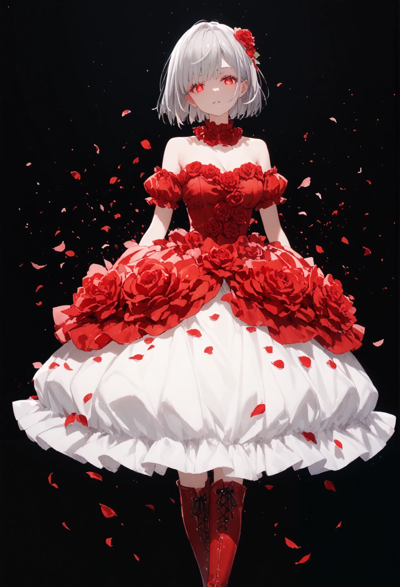 creating an atmosphere of mystery. Her posture showcases confidence and elegance. moe-style artwork,1girl, Alone,silver hair, red glowing eyes, bob cut sharp facial features,,porcelain skin,breasts,1girl, solo,flower petals dress,long boots,