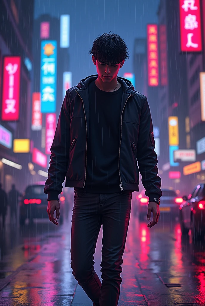 anime:1.5, (masterpiece, Best Quality, High resolution, Fondo de pantalla de unidad de 32K, Extremely detailed CG:1), (weak illustration on stage:1.0), ((1 young and handsome cyberpunk:1.5 dancing in the rain:1.7 )),(( cyberpunk night city:1.4)), neon signs futuristic cars,dark place rain, ((wet clothes magenta neon lights perfectly illuminating the young man:1.45) . 32K