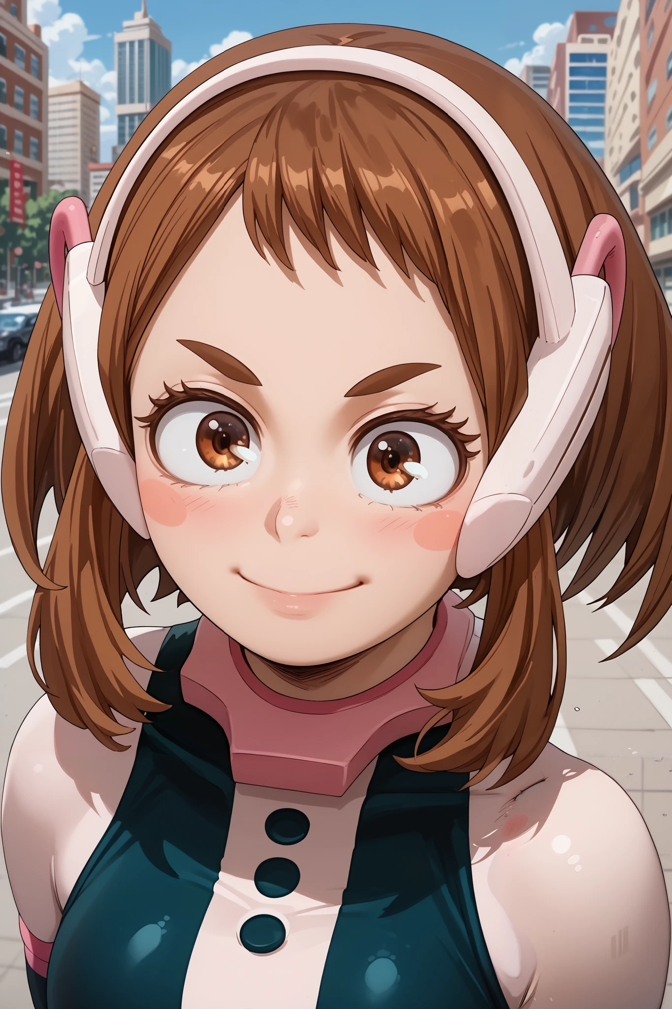 ((ochako uraraka)), ((masterpiece)), ((high resolution)), ((cartoon style)), {(attractive figure), (round face), (blushy cheeks), (brown hair), (brown eyes), (long eyelashes), (small eyebrows), (determined smile)}, {(hero costume), (black bodysuit)}, ((city))