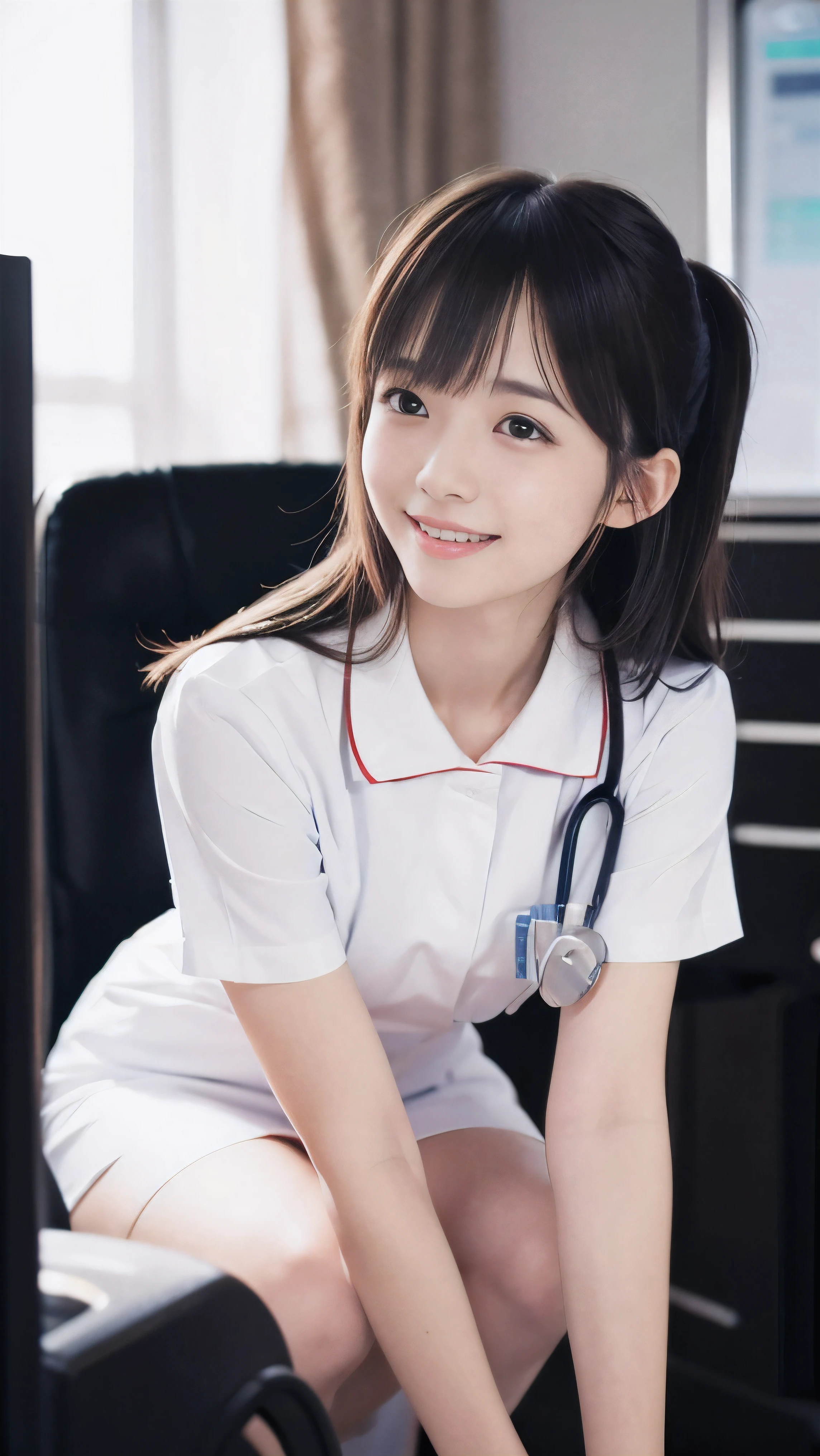 (Close-up face shot of one slender small breasts two side up black medium hair with bangs girl in a white nurse uniform:1.5)、(One nurse measuring blood pressure in the hospital room with small smile:1.5)、(blurred background:1.5)、(Natural light:1.5)、(High-key photo:1.5)、(8k ultra detailed master piece:1.5)、(perfect anatomy:1.5)、(Photorealistic stick:1.5)、(Raw photo:1.3)、(highest quality:1.5)、(High resolution:1.3)、(Delicate and beautiful perfect face:1.3)、(Delicate and beautiful eye air skin:1.3)、(Real Human Skin:1.3)、((thin legs))