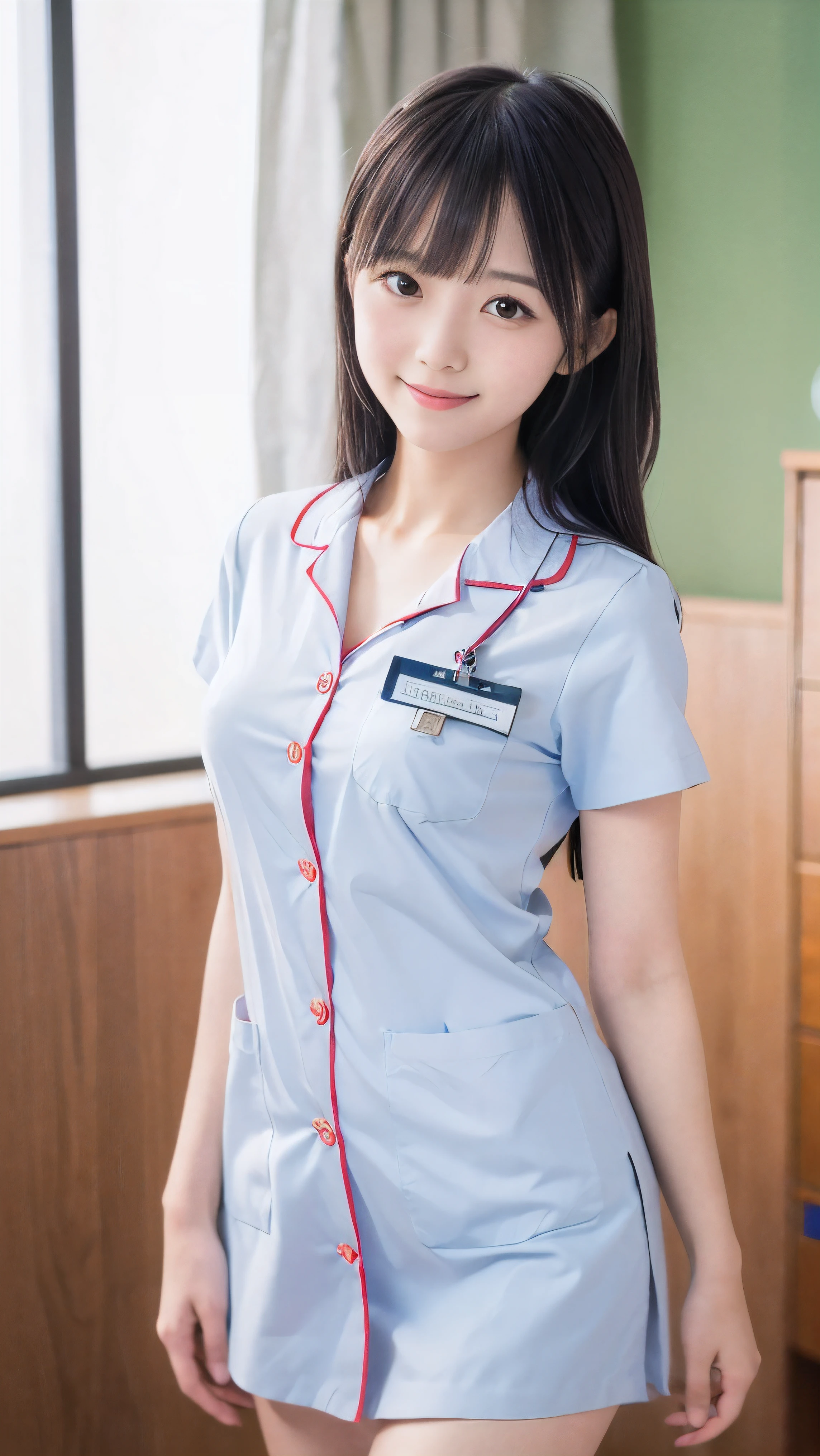 (Close-up face shot of one slender small breasts two side up black medium hair with bangs girl in a white nurse uniform:1.5)、(One nurse measuring blood pressure in the hospital room with small smile:1.5)、(blurred background:1.5)、(Natural light:1.5)、(High-key photo:1.5)、(8k ultra detailed master piece:1.5)、(perfect anatomy:1.5)、(Photorealistic stick:1.5)、(Raw photo:1.3)、(highest quality:1.5)、(High resolution:1.3)、(Delicate and beautiful perfect face:1.3)、(Delicate and beautiful eye air skin:1.3)、(Real Human Skin:1.3)、((thin legs))