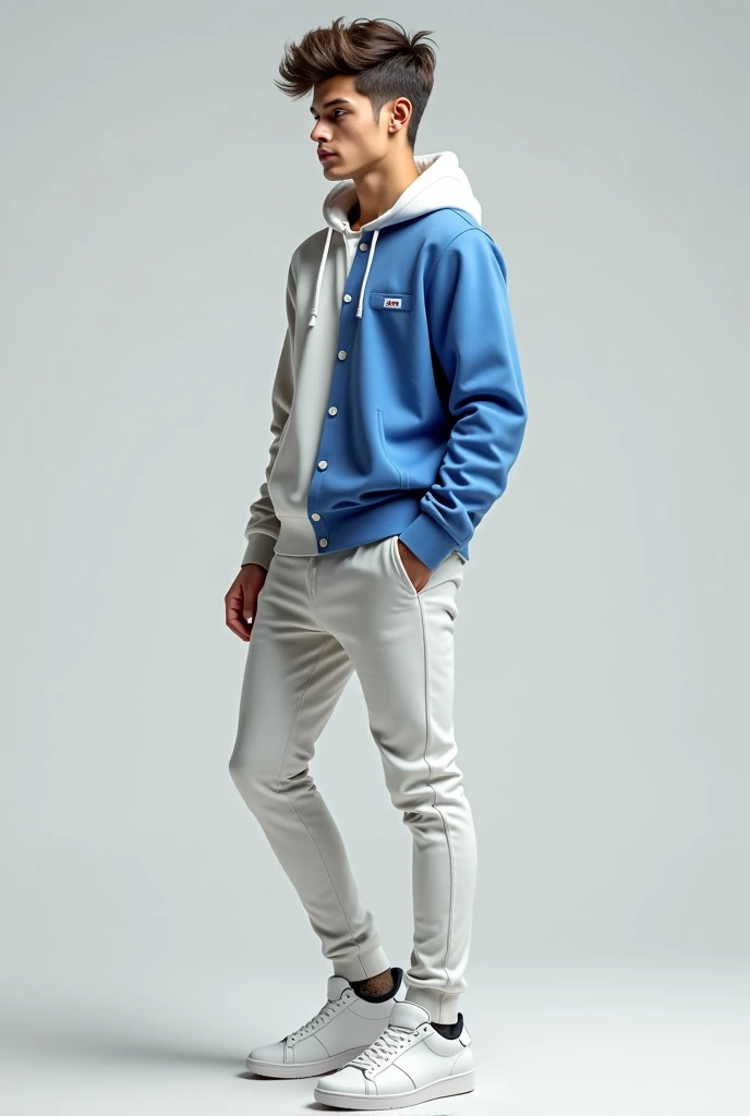 a [(((full body photo:1.4)))], of young and (athletic swimmer body), (slightly muscular body), Korean man, pale color skin, black hair color, using casual clothes blue white an pink colors, character design sheet, [(((different poses:1.4)))], different angles, white background. ((shaved hair body)), 180 cm tall