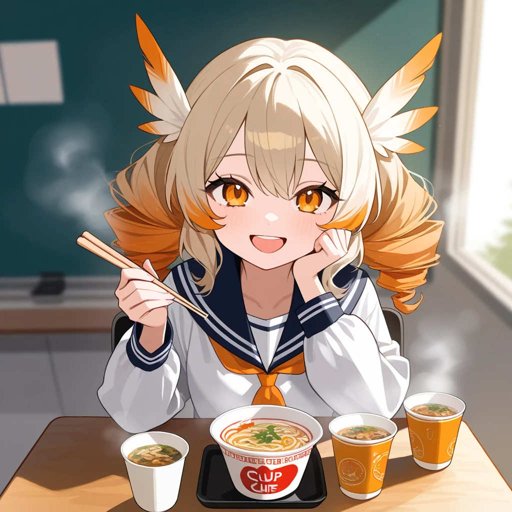 ((chibi)), 1girl,harpy girl,white with orange inserts hair, drill pigtail hair,feather ears, wings, smiling, school sailor uniform, Cup noodles on the table, steam, chopsticks in hand, open mouth smile,
masterpiece,best quality,ultra detailed, very aesthetic, hyper cute line style illustration, 
