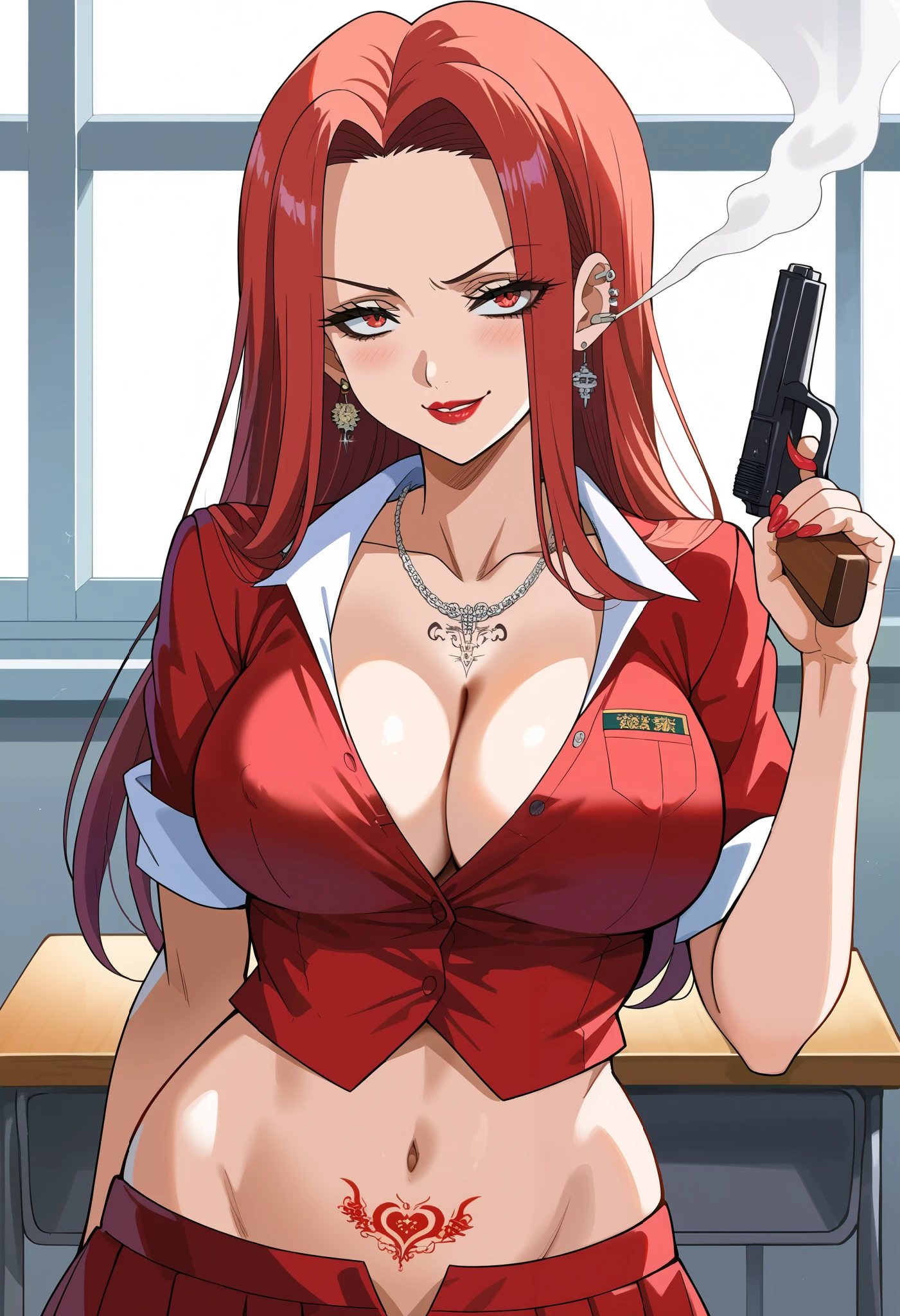 score_9, score_8_up, source_anime, 1girl, solo, SoryuinShion, long hair, parted bangs, large breast, cleavage, red dress, smirk, ear piercing, long hair, blush, lipstick,Hot girl, baddie, smoking, sensual, attractive ,masterpiece, best quality, ((unbuttoned school uniform, cleavage, necklace, earrings, sexy
body,nipple slip, breasts)) , micro skirt, smiling, navel , exposed belly, exposed navel,
(nsfw) not safe for work,school, classroom , hold a gun,knot, holding pistol, tattoo on body, dragon tattoo, tattoo midriff,