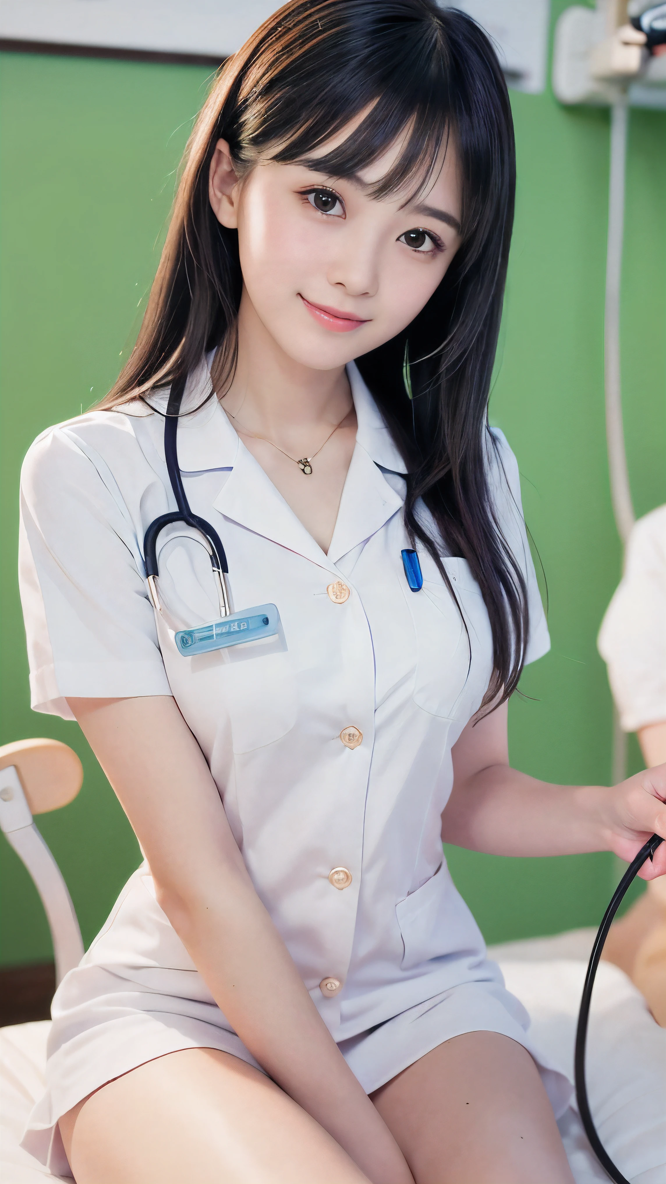(Close-up face shot of one slender small breasts two side up black medium hair with bangs girl in a white nurse uniform:1.5)、(One nurse measuring blood pressure in the hospital room with small smile:1.5)、(blurred background:1.5)、(Natural light:1.5)、(High-key photo:1.5)、(8k ultra detailed master piece:1.5)、(perfect anatomy:1.5)、(Photorealistic stick:1.5)、(Raw photo:1.3)、(highest quality:1.5)、(High resolution:1.3)、(Delicate and beautiful perfect face:1.3)、(Delicate and beautiful eye air skin:1.3)、(Real Human Skin:1.3)、((thin legs))