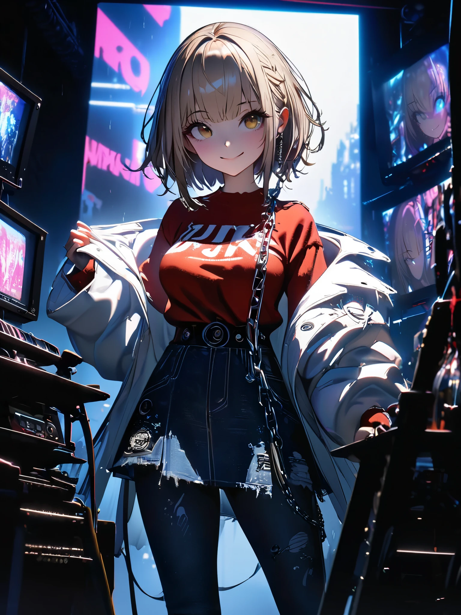 Anime girl in a red shirt and black skirt standing in front of a ...