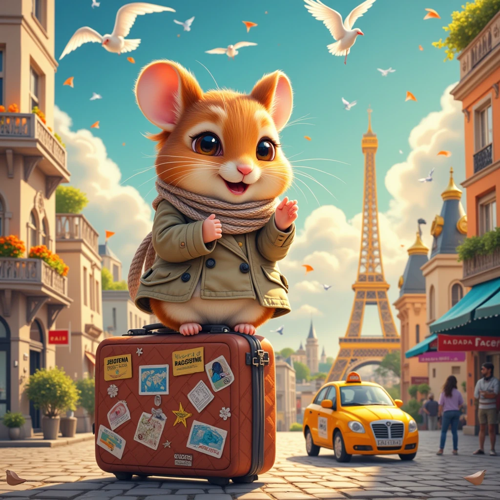 (Dreamy Hamster, soft brush strokes, pastel colors) In this scene, we are transported to a serene, impressionist-style painting, where a super cute hamster, artistically rendered with soft, flowing lines, embodies the essence of an intrepid traveler. The hamster, proudly donned in a sophisticated trench coat and elegantly flowing scarf, strides through a dreamy landscape. Here, the outlines are blurred, and the colors blend gently into one another—muted pastels of pink, blue, and green mimic the dappled light of a European countryside in springtime. The background is awash with loosely interpreted landmarks, perhaps the rolling hills of Tuscany or the lush banks of the Seine, sketched in gentle swirls. Impressionistic details capture the hamster's delightful joy, the sense of motion in the swaying grass, and the play of sunlight through his fur. This world of soft contours and harmonious tones invites viewers to see the world through the innocent wonder of an inquisitive traveler.