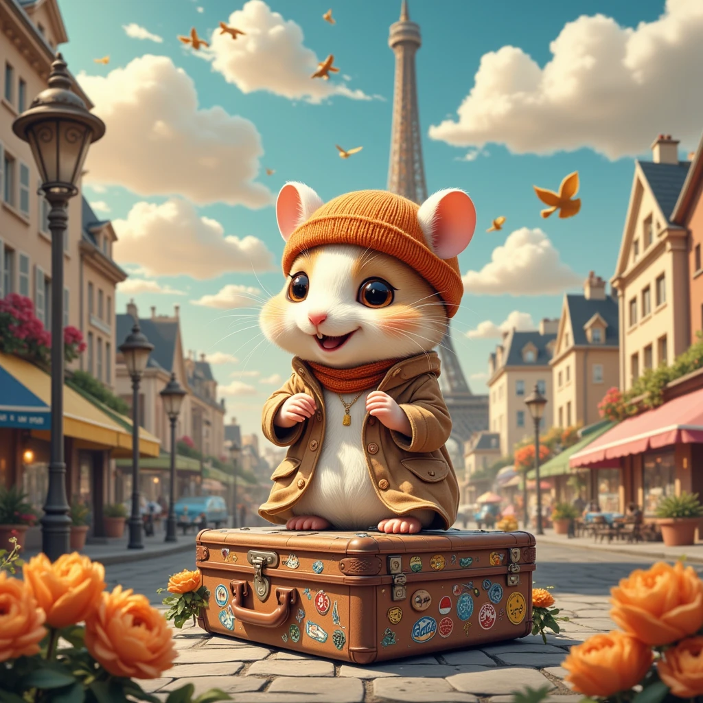 (Dreamy Hamster, soft brush strokes, pastel colors) In this scene, we are transported to a serene, impressionist-style painting, where a super cute hamster, artistically rendered with soft, flowing lines, embodies the essence of an intrepid traveler. The hamster, proudly donned in a sophisticated trench coat and elegantly flowing scarf, strides through a dreamy landscape. Here, the outlines are blurred, and the colors blend gently into one another—muted pastels of pink, blue, and green mimic the dappled light of a European countryside in springtime. The background is awash with loosely interpreted landmarks, perhaps the rolling hills of Tuscany or the lush banks of the Seine, sketched in gentle swirls. Impressionistic details capture the hamster's delightful joy, the sense of motion in the swaying grass, and the play of sunlight through his fur. This world of soft contours and harmonious tones invites viewers to see the world through the innocent wonder of an inquisitive traveler.