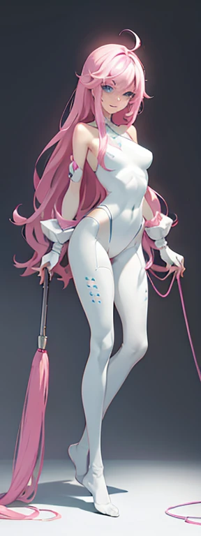 tmasterpiece， a single girl ，pastel color, Light Blue Eyes,  cyberpunk character ,  long pink hair ， unclothed neckline large breasts，chest， white tights，cleaning，bare arms，show legs，open navel，Thinning the waist , Happy smile, total length, legsupms,  full body lesbian ：1.3