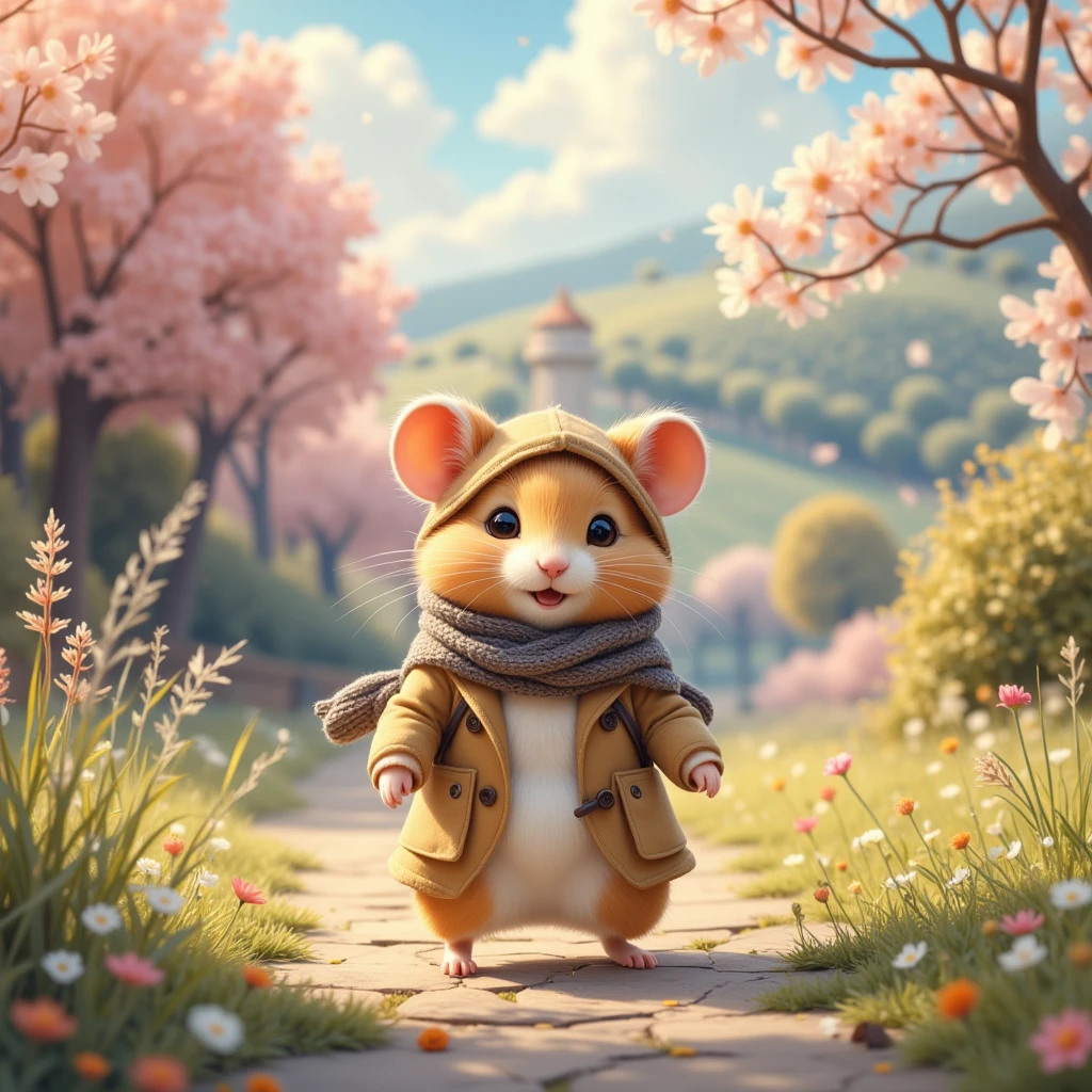 (Dreamy Hamster, soft brush strokes, pastel colors) In this scene, we are transported to a serene, impressionist-style painting, where a super cute hamster, artistically rendered with soft, flowing lines, embodies the essence of an intrepid traveler. The hamster, proudly donned in a sophisticated trench coat and elegantly flowing scarf, strides through a dreamy landscape. Here, the outlines are blurred, and the colors blend gently into one another—muted pastels of pink, blue, and green mimic the dappled light of a European countryside in springtime. The background is awash with loosely interpreted landmarks, perhaps the rolling hills of Tuscany or the lush banks of the Seine, sketched in gentle swirls. Impressionistic details capture the hamster's delightful joy, the sense of motion in the swaying grass, and the play of sunlight through his fur. This world of soft contours and harmonious tones invites viewers to see the world through the innocent wonder of an inquisitive traveler.