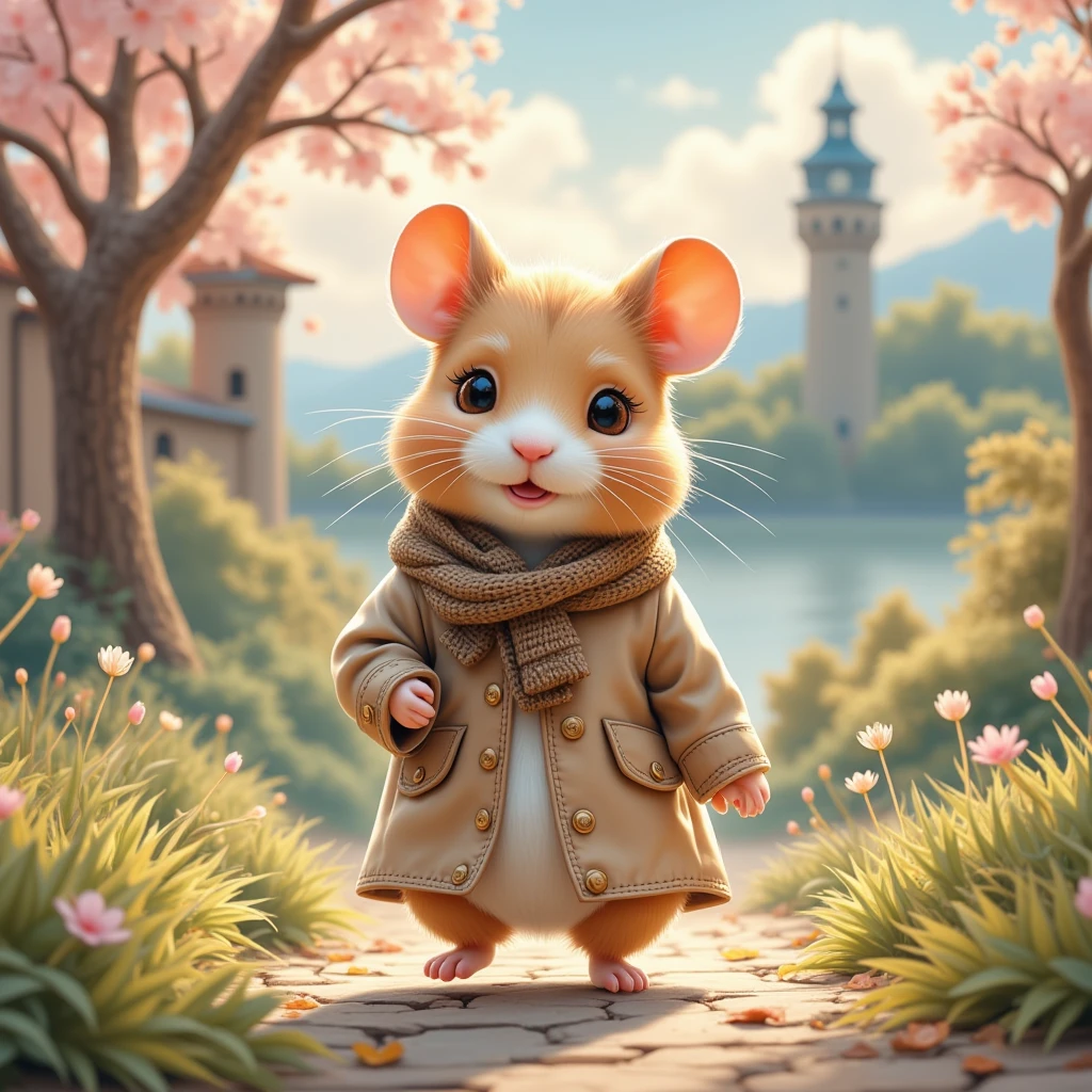 (Dreamy Hamster, soft brush strokes, pastel colors) In this scene, we are transported to a serene, impressionist-style painting, where a super cute hamster, artistically rendered with soft, flowing lines, embodies the essence of an intrepid traveler. The hamster, proudly donned in a sophisticated trench coat and elegantly flowing scarf, strides through a dreamy landscape. Here, the outlines are blurred, and the colors blend gently into one another—muted pastels of pink, blue, and green mimic the dappled light of a European countryside in springtime. The background is awash with loosely interpreted landmarks, perhaps the rolling hills of Tuscany or the lush banks of the Seine, sketched in gentle swirls. Impressionistic details capture the hamster's delightful joy, the sense of motion in the swaying grass, and the play of sunlight through his fur. This world of soft contours and harmonious tones invites viewers to see the world through the innocent wonder of an inquisitive traveler.