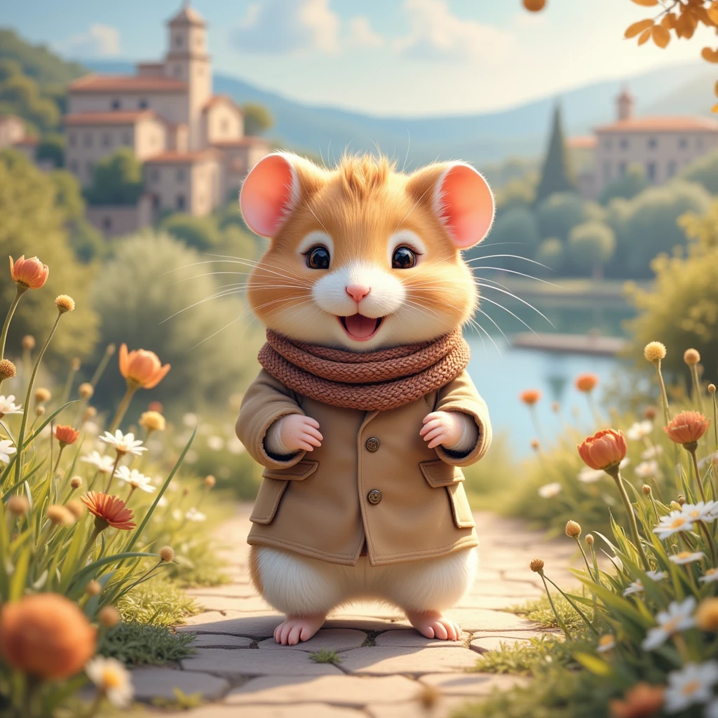 (Dreamy Hamster, soft brush strokes, pastel colors) In this scene, we are transported to a serene, impressionist-style painting, where a super cute hamster, artistically rendered with soft, flowing lines, embodies the essence of an intrepid traveler. The hamster, proudly donned in a sophisticated trench coat and elegantly flowing scarf, strides through a dreamy landscape. Here, the outlines are blurred, and the colors blend gently into one another—muted pastels of pink, blue, and green mimic the dappled light of a European countryside in springtime. The background is awash with loosely interpreted landmarks, perhaps the rolling hills of Tuscany or the lush banks of the Seine, sketched in gentle swirls. Impressionistic details capture the hamster's delightful joy, the sense of motion in the swaying grass, and the play of sunlight through his fur. This world of soft contours and harmonious tones invites viewers to see the world through the innocent wonder of an inquisitive traveler.