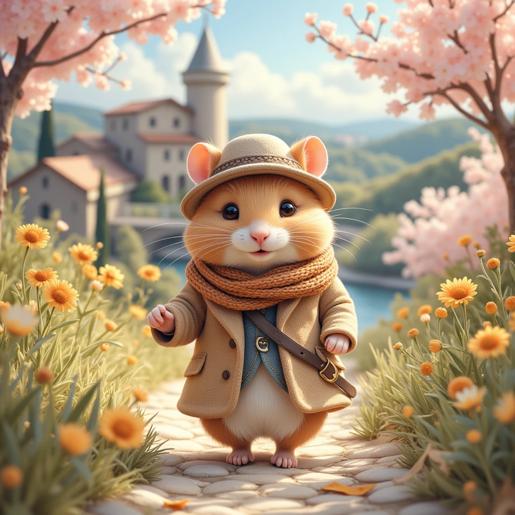 (Dreamy Hamster, soft brush strokes, pastel colors) In this scene, we are transported to a serene, impressionist-style painting, where a super cute hamster, artistically rendered with soft, flowing lines, embodies the essence of an intrepid traveler. The hamster, proudly donned in a sophisticated trench coat and elegantly flowing scarf, strides through a dreamy landscape. Here, the outlines are blurred, and the colors blend gently into one another—muted pastels of pink, blue, and green mimic the dappled light of a European countryside in springtime. The background is awash with loosely interpreted landmarks, perhaps the rolling hills of Tuscany or the lush banks of the Seine, sketched in gentle swirls. Impressionistic details capture the hamster's delightful joy, the sense of motion in the swaying grass, and the play of sunlight through his fur. This world of soft contours and harmonious tones invites viewers to see the world through the innocent wonder of an inquisitive traveler.