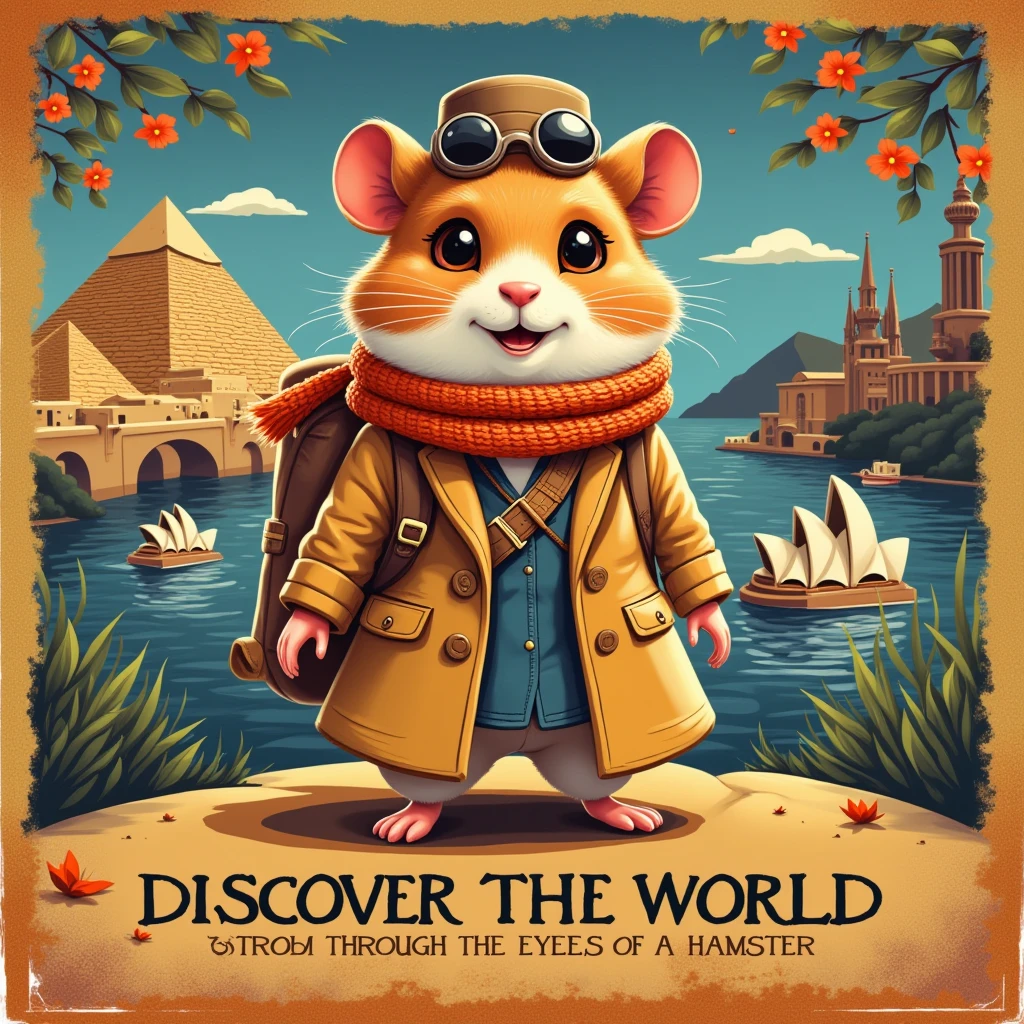 (Adventurous Hamster, bold lines, retro colors) Picture a stylized, vintage travel poster from the golden age of exploration. Our protagonist, a delightfully adventurous hamster, stands proudly in the foreground, wearing a classic trench coat and a cosmopolitan scarf. The design features bold lines and a limited retro color palette of deep blues, mustard yellows, and rusty reds. The poster conveys the urgency and excitement of travel, featuring an Art Deco aesthetic with various famous destinations subtly layered in the background: the pyramids of Egypt, the Great Wall of China, and the Sydney Opera House. The text invites viewers to "Discover the World Through the Eyes of a Hamster" with illustrative fonts reminiscent of old railway posters. The hamster, animated with a sense of eagerness and curiosity, embodies the irresistibly adventurous spirit, harking back to a time when the world was vast and travel was an exotic, noble affair.