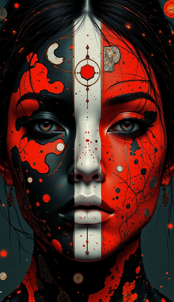 red and white face paint by wysi, in the style of futuristic victorian, japanese-inspired art, zbrush, mark brooks, wiccan, harmonious coloration, japanese-inspired --ar 14:25 --v 6.0