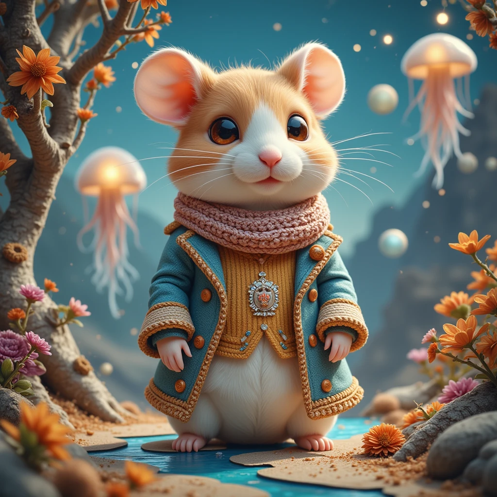 (Dreamy Hamster, soft brush strokes, pastel colors) In this scene, we are transported to a serene, impressionist-style painting, where a super cute hamster, artistically rendered with soft, flowing lines, embodies the essence of an intrepid traveler. The hamster, proudly donned in a sophisticated trench coat and elegantly flowing scarf, strides through a dreamy landscape. Here, the outlines are blurred, and the colors blend gently into one another—muted pastels of pink, blue, and green mimic the dappled light of a European countryside in springtime. The background is awash with loosely interpreted landmarks, perhaps the rolling hills of Tuscany or the lush banks of the Seine, sketched in gentle swirls. Impressionistic details capture the hamster's delightful joy, the sense of motion in the swaying grass, and the play of sunlight through his fur. This world of soft contours and harmonious tones invites viewers to see the world through the innocent wonder of an inquisitive traveler.