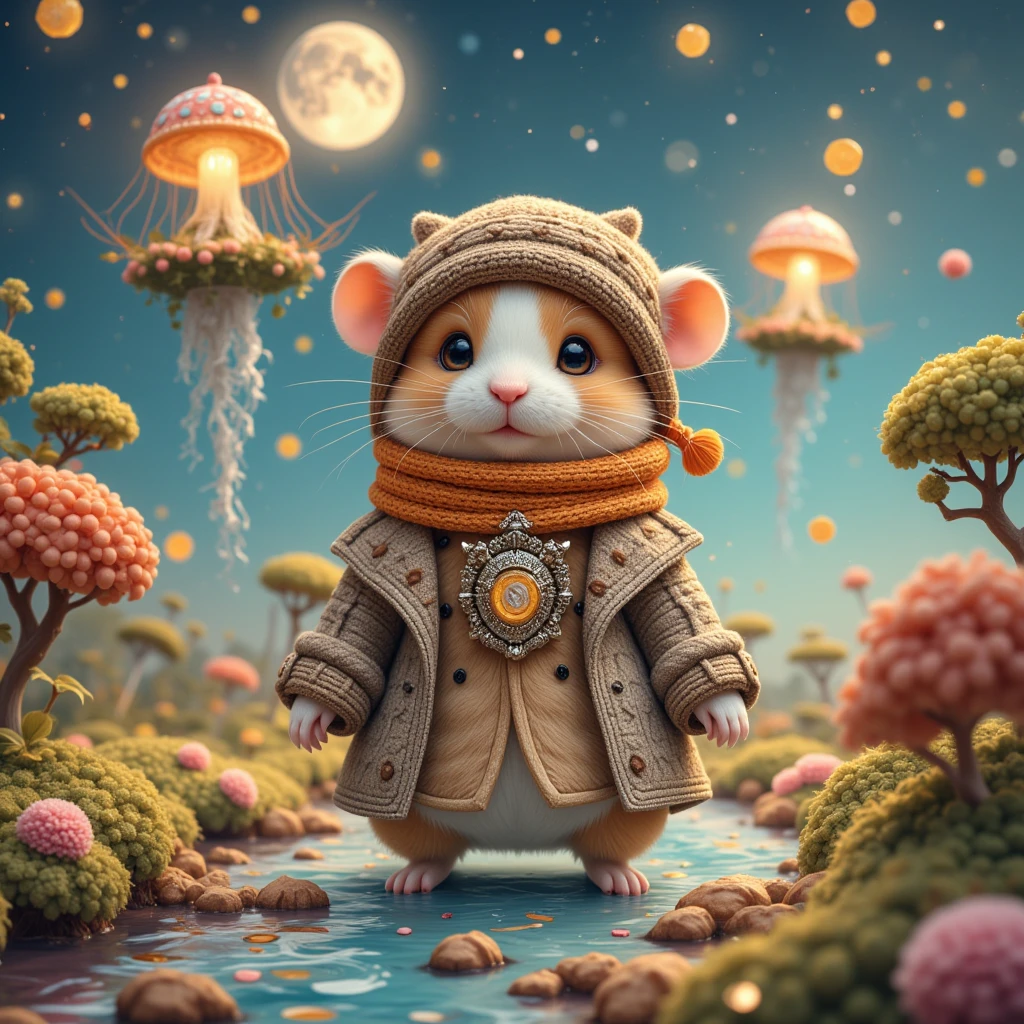 (Dreamy Hamster, soft brush strokes, pastel colors) In this scene, we are transported to a serene, impressionist-style painting, where a super cute hamster, artistically rendered with soft, flowing lines, embodies the essence of an intrepid traveler. The hamster, proudly donned in a sophisticated trench coat and elegantly flowing scarf, strides through a dreamy landscape. Here, the outlines are blurred, and the colors blend gently into one another—muted pastels of pink, blue, and green mimic the dappled light of a European countryside in springtime. The background is awash with loosely interpreted landmarks, perhaps the rolling hills of Tuscany or the lush banks of the Seine, sketched in gentle swirls. Impressionistic details capture the hamster's delightful joy, the sense of motion in the swaying grass, and the play of sunlight through his fur. This world of soft contours and harmonious tones invites viewers to see the world through the innocent wonder of an inquisitive traveler.