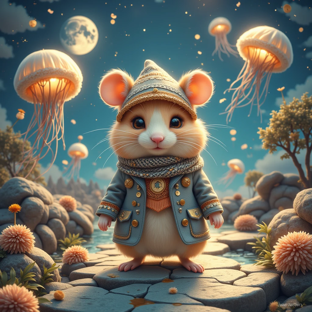 (Dreamy Hamster, soft brush strokes, pastel colors) In this scene, we are transported to a serene, impressionist-style painting, where a super cute hamster, artistically rendered with soft, flowing lines, embodies the essence of an intrepid traveler. The hamster, proudly donned in a sophisticated trench coat and elegantly flowing scarf, strides through a dreamy landscape. Here, the outlines are blurred, and the colors blend gently into one another—muted pastels of pink, blue, and green mimic the dappled light of a European countryside in springtime. The background is awash with loosely interpreted landmarks, perhaps the rolling hills of Tuscany or the lush banks of the Seine, sketched in gentle swirls. Impressionistic details capture the hamster's delightful joy, the sense of motion in the swaying grass, and the play of sunlight through his fur. This world of soft contours and harmonious tones invites viewers to see the world through the innocent wonder of an inquisitive traveler.