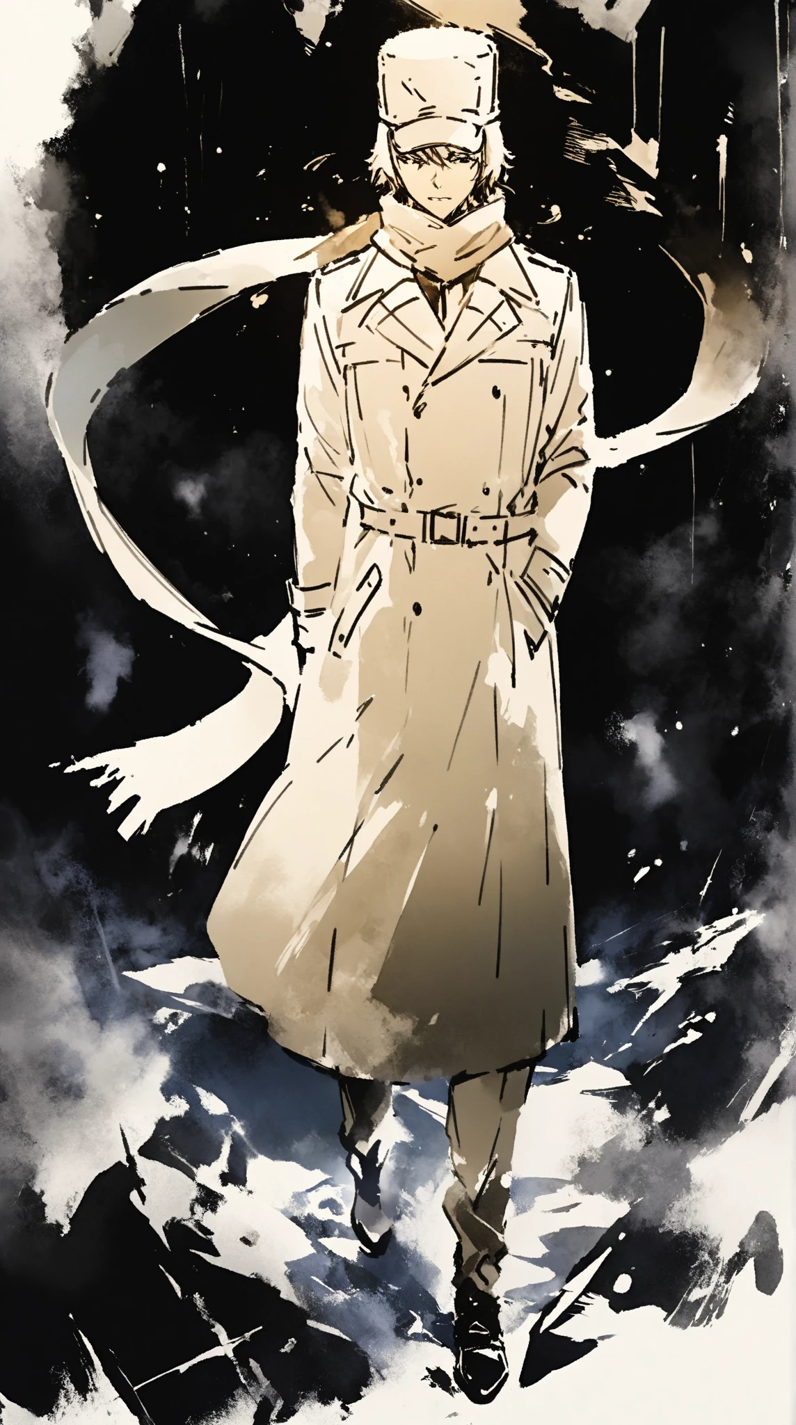 score_9, score_8_up, score_7_up, score_6_up, masterpiece, best quality, watercolor, double exposure, man, solo, full body, trench coat, long scarf flying in the air, ushanka hat, fur hat, looking down, cold breath, night, dim, simple background \(face of a man\),