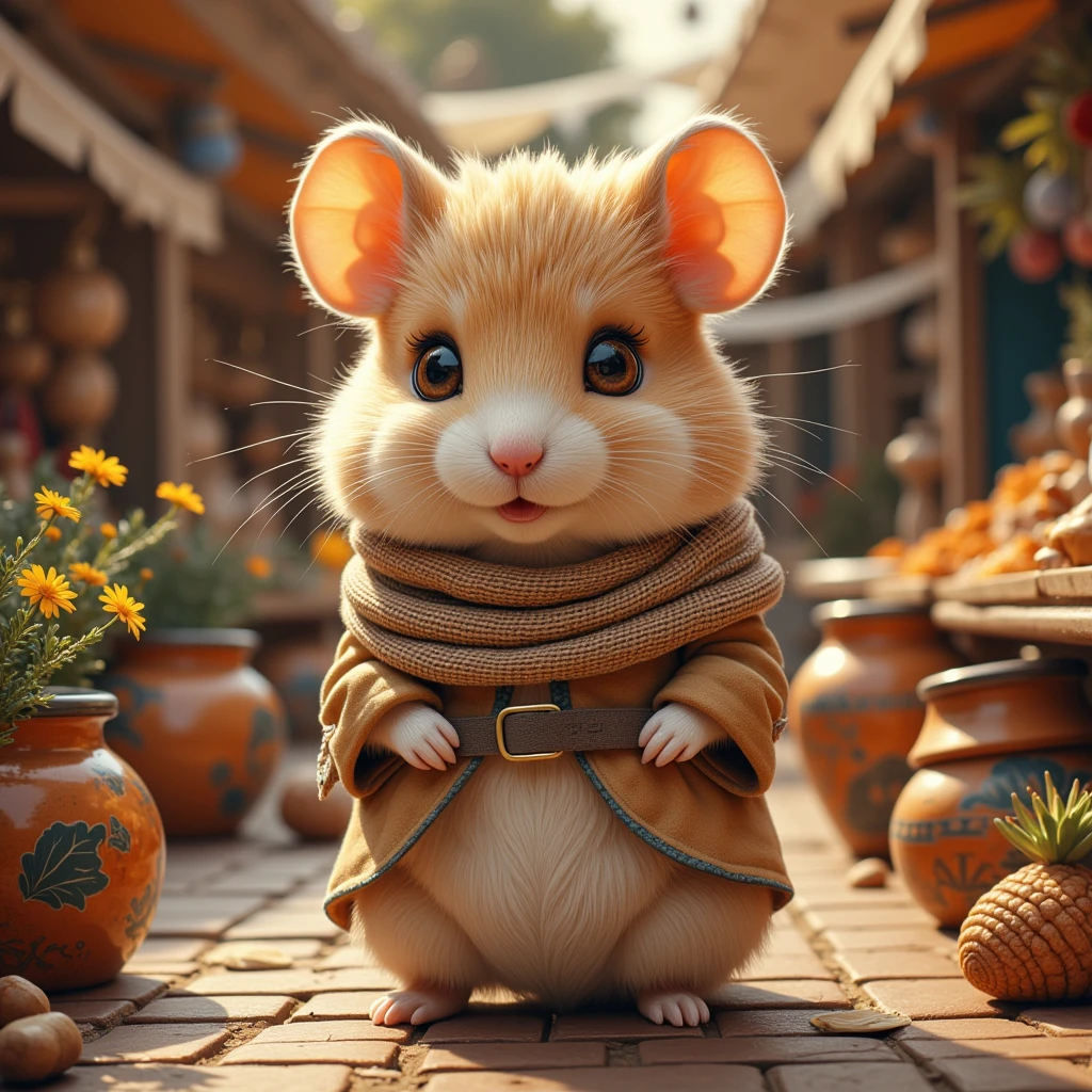 (Dreamy Hamster, soft brush strokes, pastel colors) In this scene, we are transported to a serene, impressionist-style painting, where a super cute hamster, artistically rendered with soft, flowing lines, embodies the essence of an intrepid traveler. The hamster, proudly donned in a sophisticated trench coat and elegantly flowing scarf, strides through a dreamy landscape. Here, the outlines are blurred, and the colors blend gently into one another—muted pastels of pink, blue, and green mimic the dappled light of a European countryside in springtime. The background is awash with loosely interpreted landmarks, perhaps the rolling hills of Tuscany or the lush banks of the Seine, sketched in gentle swirls. Impressionistic details capture the hamster's delightful joy, the sense of motion in the swaying grass, and the play of sunlight through his fur. This world of soft contours and harmonious tones invites viewers to see the world through the innocent wonder of an inquisitive traveler.