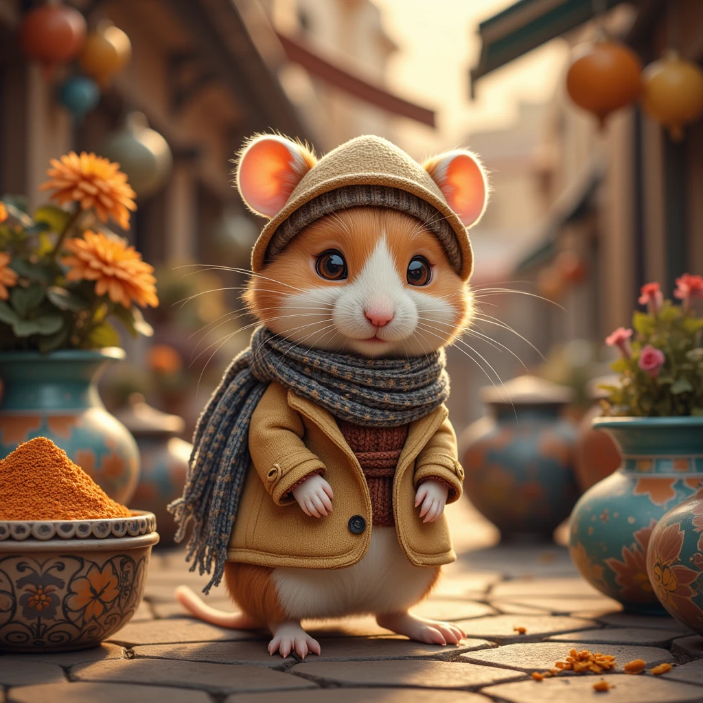 (Dreamy Hamster, soft brush strokes, pastel colors) In this scene, we are transported to a serene, impressionist-style painting, where a super cute hamster, artistically rendered with soft, flowing lines, embodies the essence of an intrepid traveler. The hamster, proudly donned in a sophisticated trench coat and elegantly flowing scarf, strides through a dreamy landscape. Here, the outlines are blurred, and the colors blend gently into one another—muted pastels of pink, blue, and green mimic the dappled light of a European countryside in springtime. The background is awash with loosely interpreted landmarks, perhaps the rolling hills of Tuscany or the lush banks of the Seine, sketched in gentle swirls. Impressionistic details capture the hamster's delightful joy, the sense of motion in the swaying grass, and the play of sunlight through his fur. This world of soft contours and harmonious tones invites viewers to see the world through the innocent wonder of an inquisitive traveler.