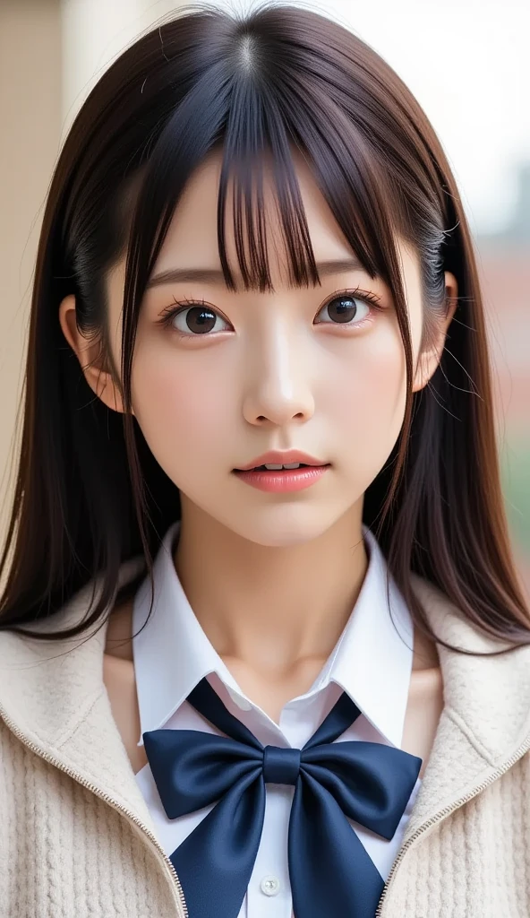 ((SFW: 1.4)), ((Detailed eyes and face, Professional photography)), ((SFW, Uniform Top, high school girl)), Ultra-high resolution, (Realistic: 1.4), RAW Photos, highest quality, (PhotoRealistic Stick), concentrated, Soft Light, (()), ((Japanese)), (((Young Face))), (surface), (Depth of written boundary), masterpiece, (Realistic), woman, ((Bun Hair)), (Beautiful breasts, Cleavage), ((1 girl)), ((Gaze at the viewer:1.3, blush:1.2)), ((Hair on the back:1.2)), (Detailed hands)