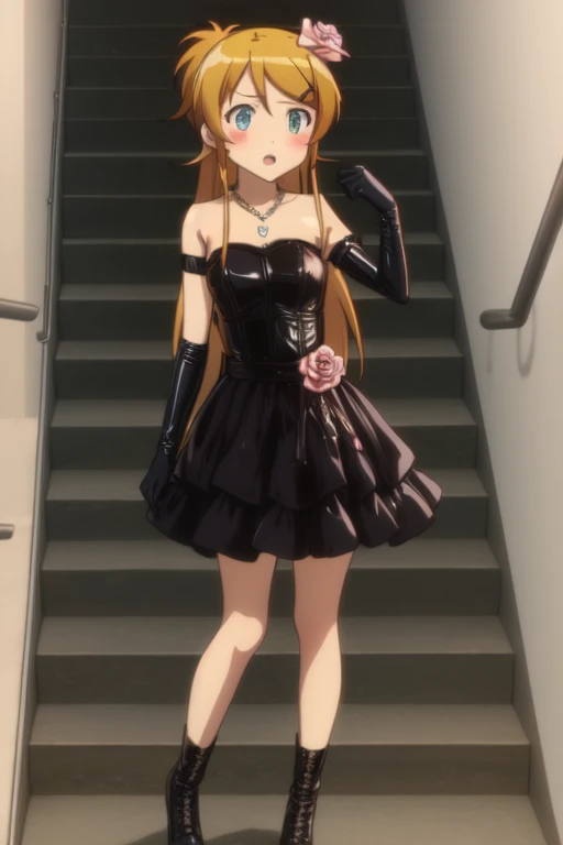 kousaka kirino , 
 1girl, One,  long hair,  style to blush,  open mouth ,  blond hair ,  brown hair,  hair ornament , gloves,  dress ,  bare shoulders are visible,  jewelry ,  blue eyes , flower, black latex gloves, hair flower, necklace,  orange hair ,  alternative hairstyle , rose, strapless  dress , stairs, black latex dress,  dress , shoes, hair up, 8 k,  masterpiece fails, absurdres , anime,  full height,