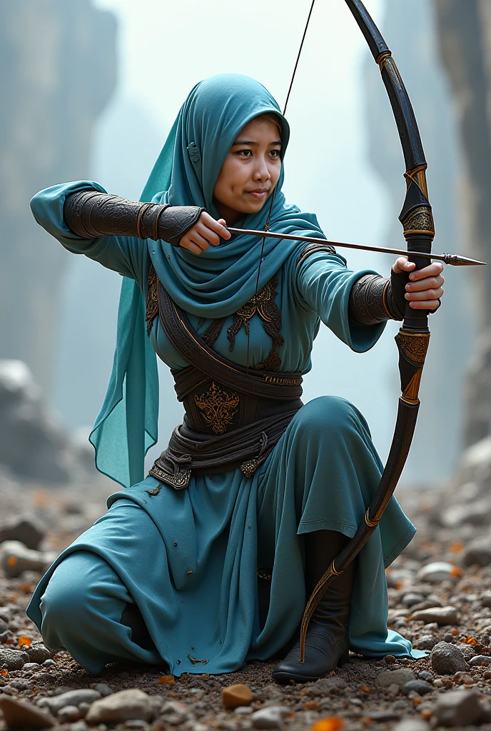 A Malay woman in hijab doing martial arts and archery