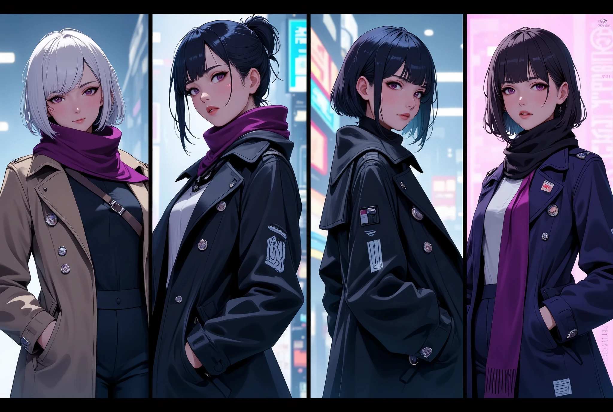 (maSterpiece:1.2,EXCEPTIONAL QUALITY ,Mirror finish, Cinematic Experience),8k,16k,wallpaper,( future fashion:2.0),( trench coat and scarf:2.0),4 different images of women in trench coats and scarves, realistic art style , Realistic Art Style , ANIME REALISM STYLE , Realistic Anime-Inspired Art , realistic anime art style, anime style to cover left eye,( Criminal drama style:2.0),( cyberpunk:2.0),(Neon Art:2.0),( Future Female Cops:2.0),(Ghost in the Shell style :2.0)