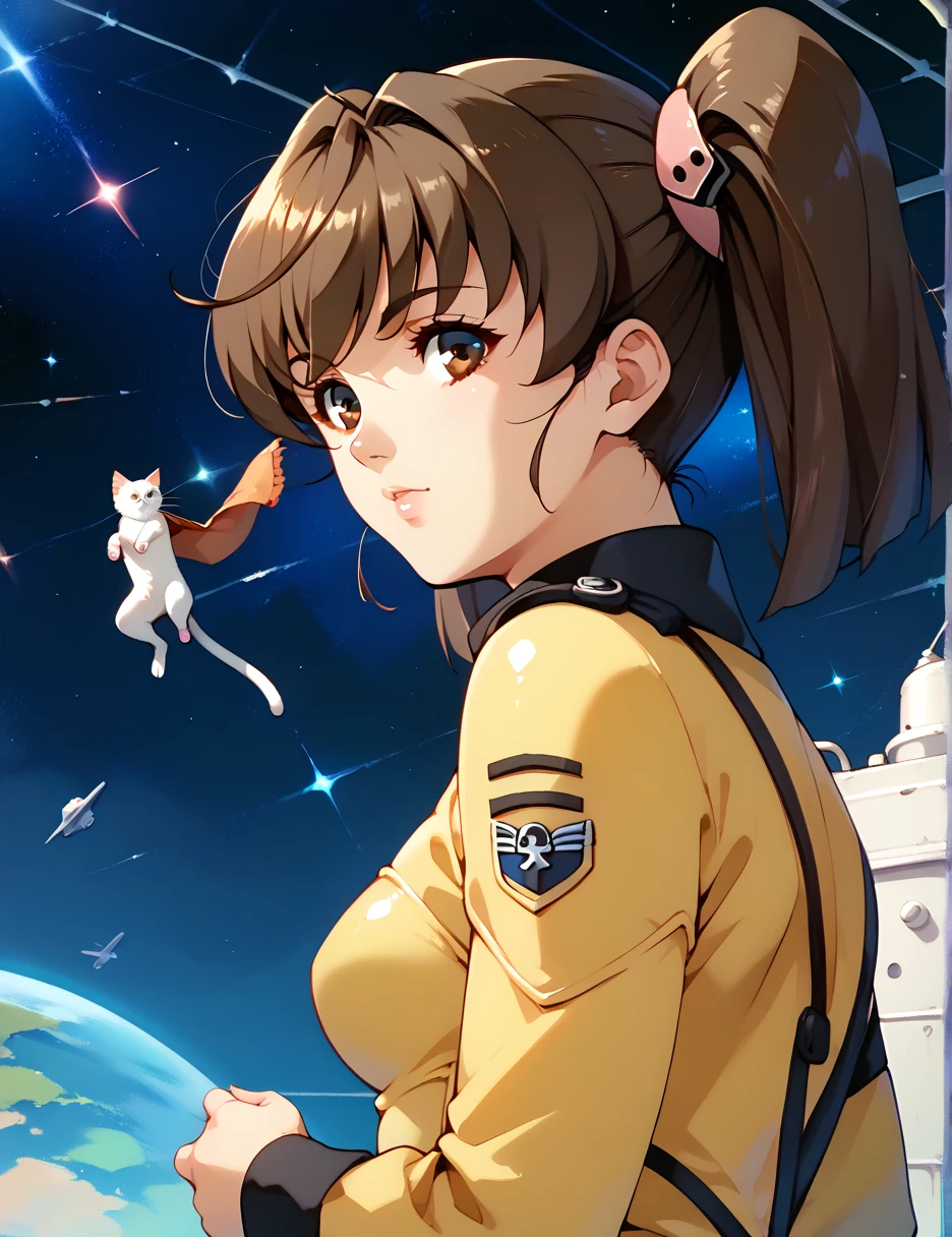 Misaki Yuria   |    Space Battleship Yamato 2199   、   standing 、(   back shot  :1.3,   twin tails、   bodysuit 、,  cat  , Brown Hair , Growing your hair , ,   brown eyes ,