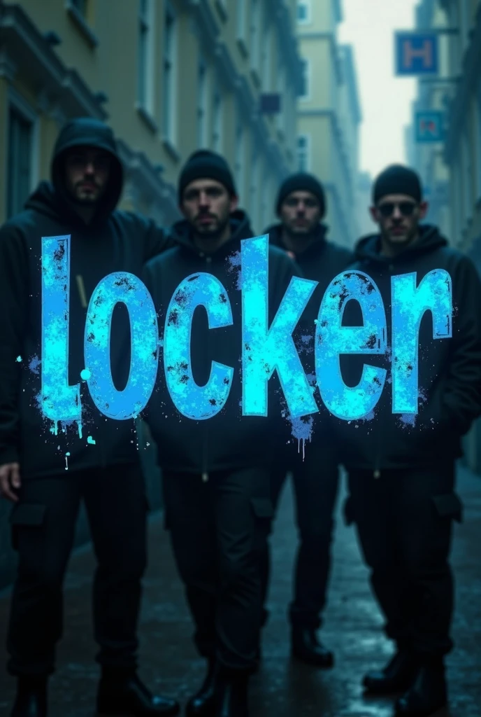  The german word Locker in blue with a gang font and the german rapper pashanim blurred im the background with homies