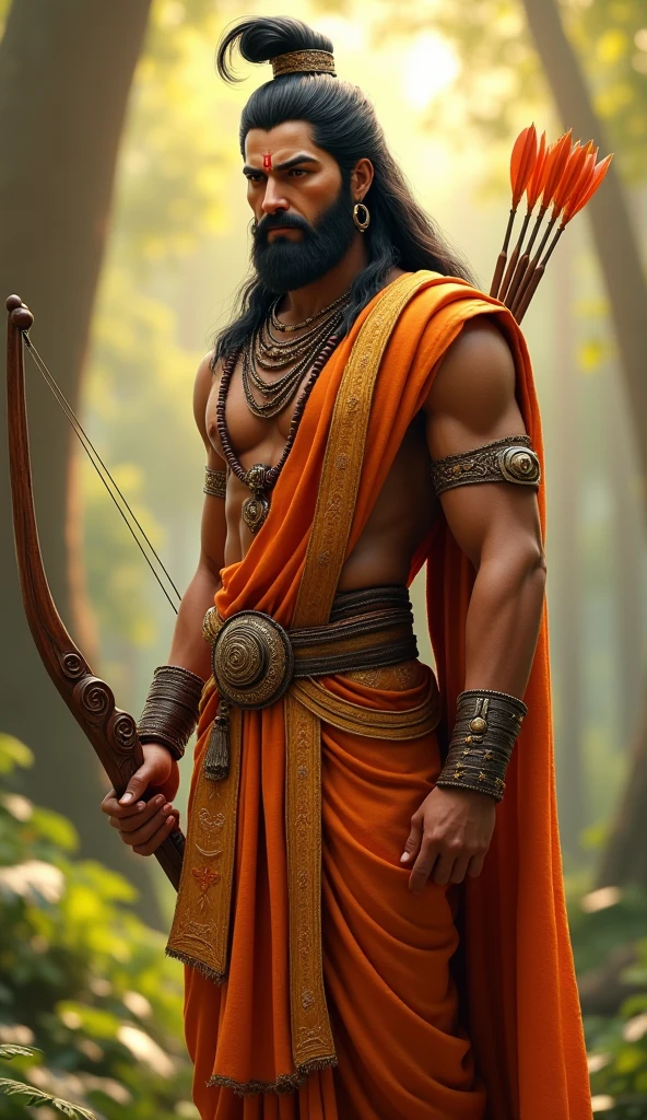 a man dressed in a traditional warrior outfit, reminiscent of ancient Indian epics. He is wearing an orange dhoti with a red cloth draped over his shoulder and chest. The attire is accessorized with multiple layers of beaded jewelry around his neck, arms, and wrists. He holds a large, curved bow in his right hand, suggesting he is an archer, and has a quiver of arrows strapped to his back. The man has long hair, a thick mustache, and a confident expression. The background features a forest scene with other similarly dressed figures blurred in the background, adding to the epic and mythological feel of the image.