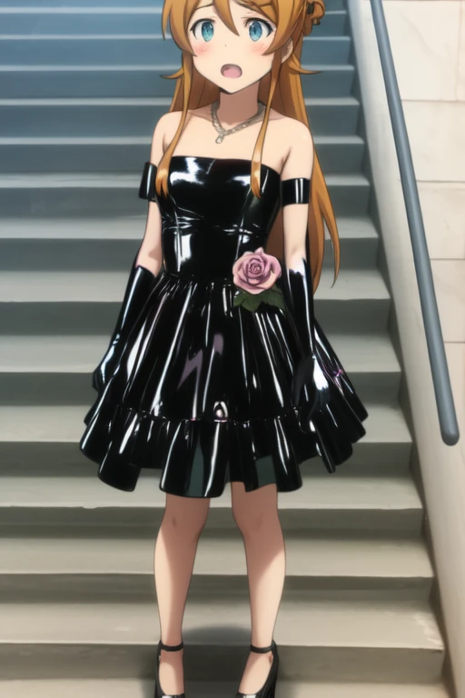 kousaka kirino , 
 1girl, One,  long hair,  style to blush,  open mouth ,  blond hair ,  brown hair,  hair ornament , gloves,  dress ,  bare shoulders are visible,  jewelry ,  blue eyes , flower, black latex gloves, hair flower, necklace,  orange hair ,  alternative hairstyle , rose, strapless  dress , stairs, black latex dress,  dress , shoes, hair up, 8 k,  masterpiece fails, absurdres , anime,  full height,