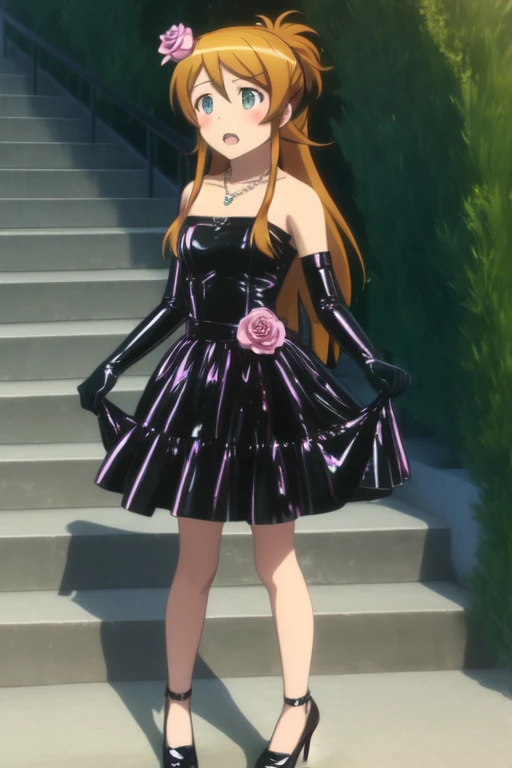 kousaka kirino , 
 1girl, One,  long hair,  style to blush,  open mouth ,  blond hair ,  brown hair,  hair ornament , gloves,  dress ,  bare shoulders are visible,  jewelry ,  blue eyes , flower, black latex gloves, hair flower, necklace,  orange hair ,  alternative hairstyle , rose, strapless  dress , stairs, black latex dress,  dress , shoes, hair up, 8 k,  masterpiece fails, absurdres , anime,  full height,