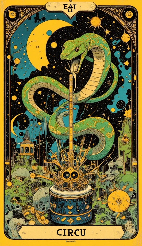  the man who uses snakes, Circus in the Imaginary World ,Whimsical Circus , a snake blowing a vertical flute ,There is a poster of a cobra out of a pot ,close-up,  close-up view ,  1968 sci-fi tarot card   , Close view , close-up shot , Geometric ornament,Close up shot, Exploitable Images, very detailed circus , high res, accurate,  high detail,   Illusion Art  ,    psychedelic surreal art   ,  terrifying surrealist art   ,   dmt Death of Ego  ,  DMT Egodes   , Ultra Detailed Fantastic Art   ,     fantastic art by high res  , Tool Band Art, tarot card design 