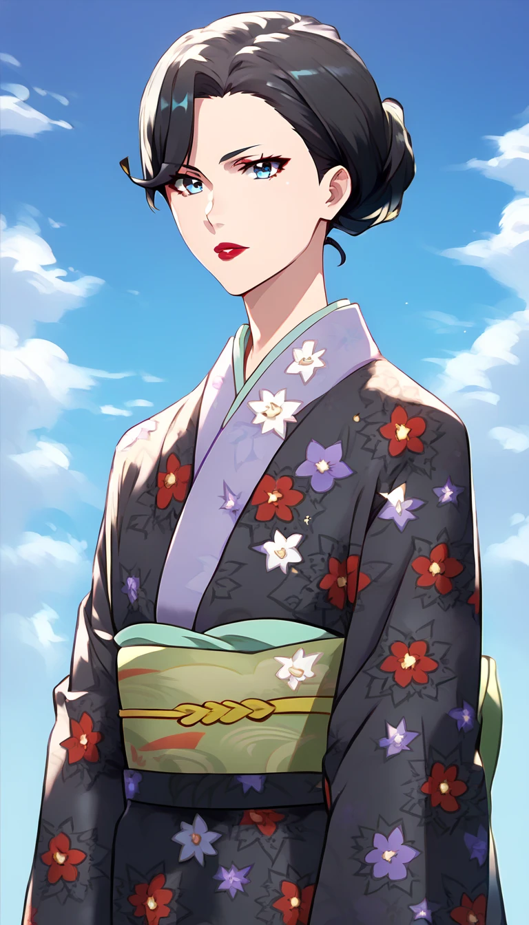 score_9, score_8_up, score_9, shiny skin, shiny, 
Yukinoshitamama, 
single hair bun, black hair, blue eyes, red lips
purple kimono, floral print
print kimono, black kimono, shippou (pattern)