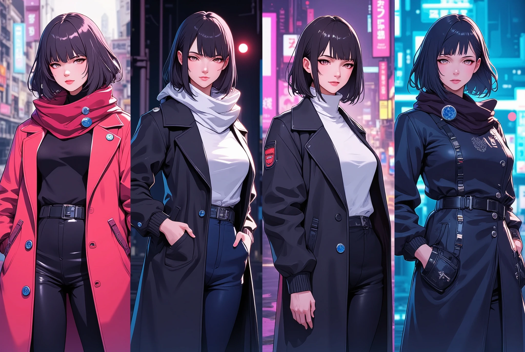 (maSterpiece:1.2,EXCEPTIONAL QUALITY ,Mirror finish, Cinematic Experience),8k,16k,wallpaper,( future fashion:2.0),( trench coat and scarf:2.0),4 different images of women in trench coats and scarves, realistic art style , Realistic Art Style , ANIME REALISM STYLE , Realistic Anime-Inspired Art , realistic anime art style, anime style to cover left eye,( Criminal drama style:2.0),( cyberpunk:2.0),(Neon Art:2.0),( Future Female Cops:2.0),(Ghost in the Shell style :2.0)