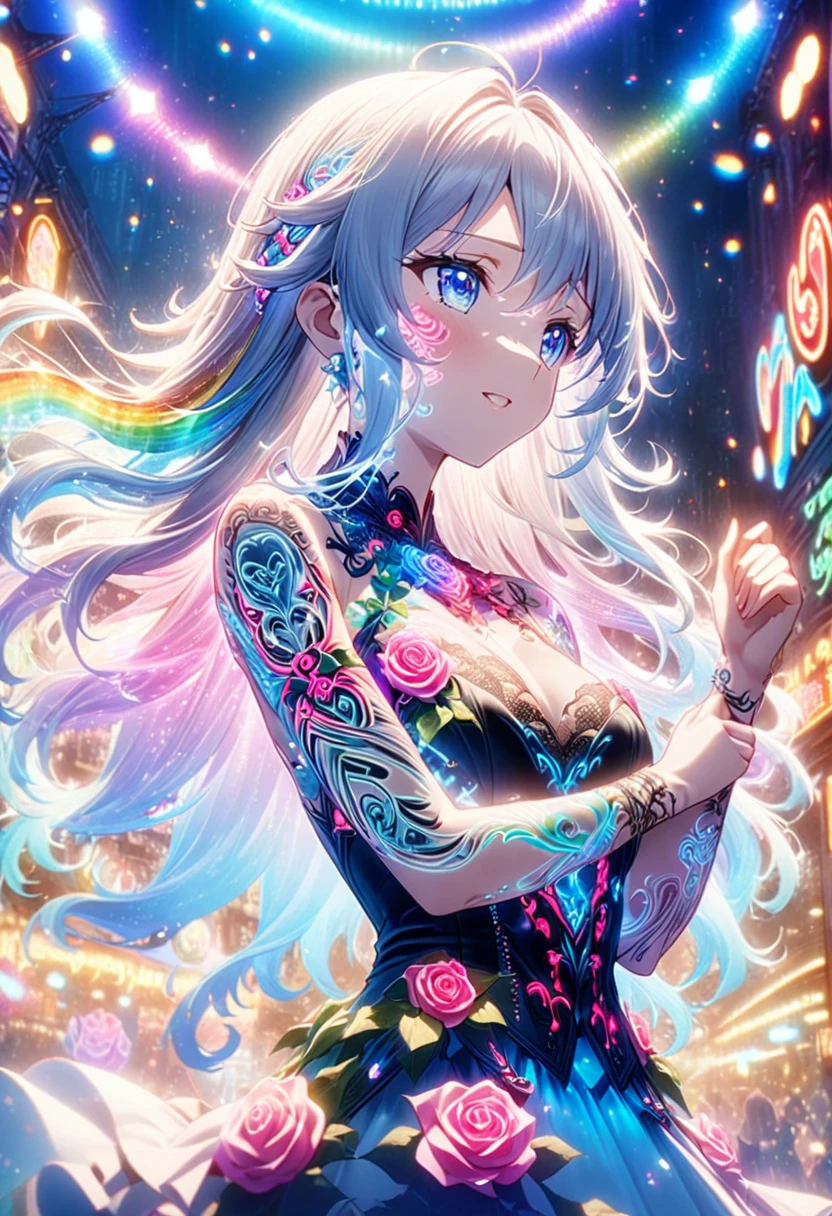  anime screenshots、  Artistic illustration of a female anime character adorned with glowing neon roses and ivy tattoos、 Her body has a dreamy soft focus effect 。  his arm tattoo blends with white ,  rainbow and white light.、 Gives off neon signs 。 The girl,   flowing hair、 This scene、 A dreamy soft focus effect .、  accentuates the dreamy sparkle of your tattoo .、