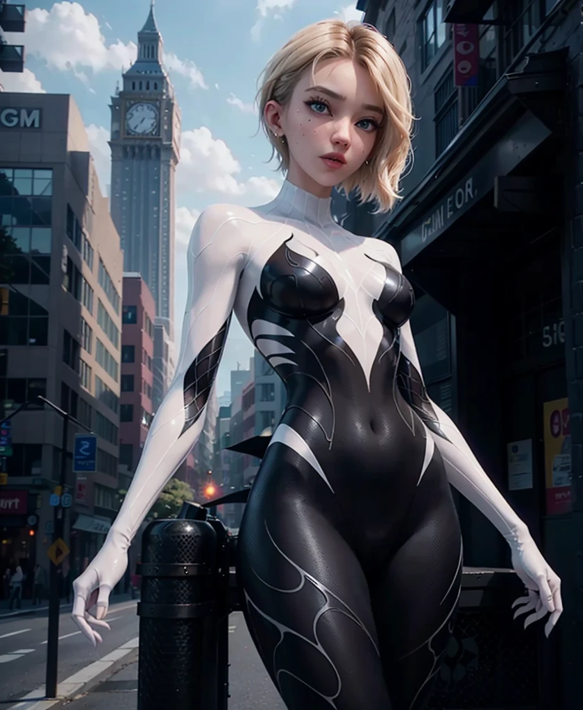 Gwen Aranha, organic-looking clothing ( degree of transparency) organic clothing Venom Symbiote, belas artes, PS5 cinematic screenshot, Highly detailed cinematic rendering, raytricing ultra fotorrealista |, with cinematic lighting, (peitos pontudo natural:1.2), quadris largos anatomia correta.