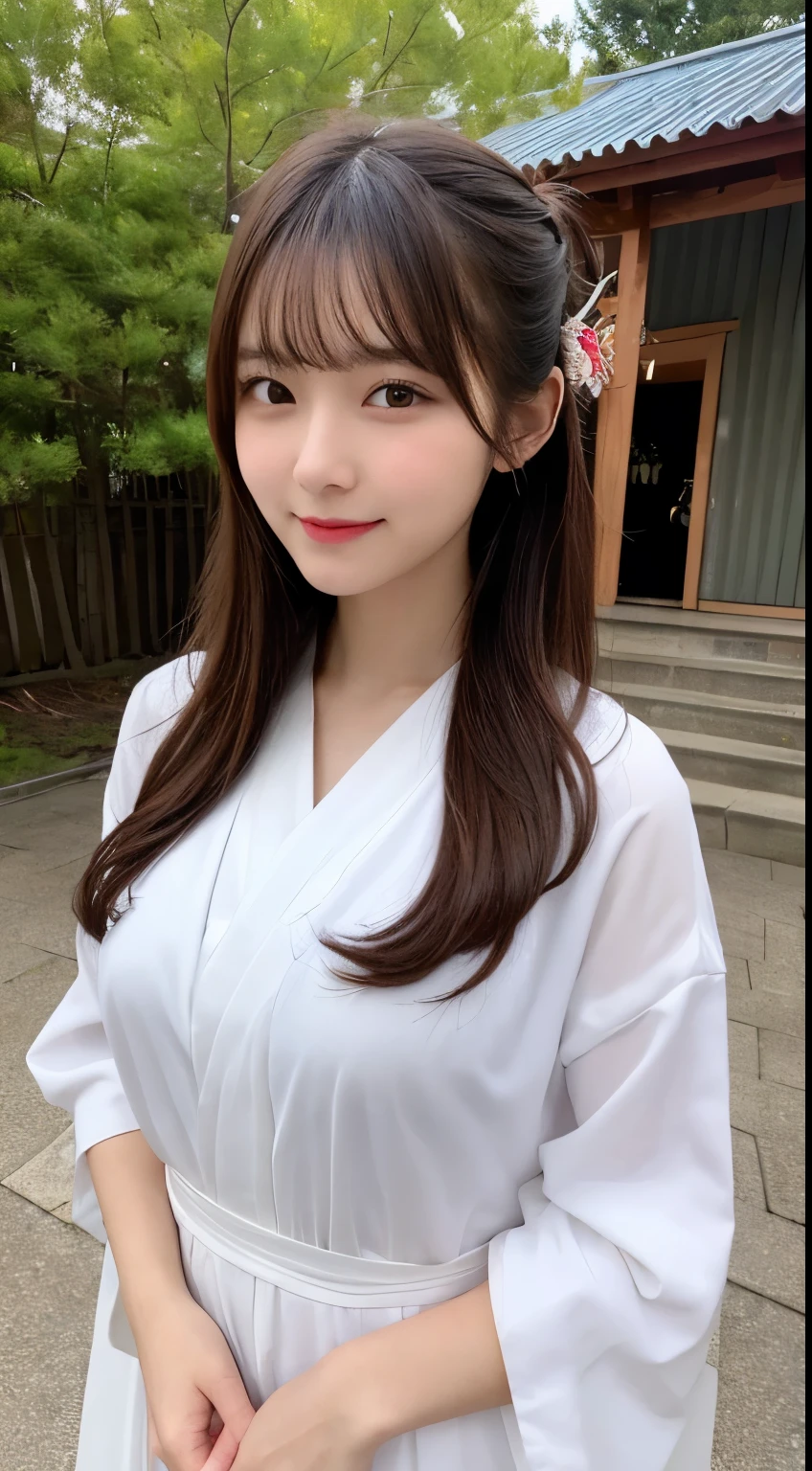 table top, highest quality, figure, Super detailed, finely, High resolution, 8k wallpaper, 完璧なダイナミックな構figure, detailed and beautiful eyes, white kimono,flower hair ornament,bun hair, middle of chest, natural color lip, random sexy poses,smile,tower apartment,