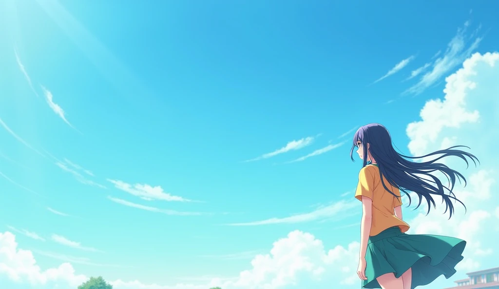 2D, masterpiece, top quality , Anime, very detailed, 1 girl, Alone, colored shirt , skirt, back view, standing, School, Outdoor,blue sky