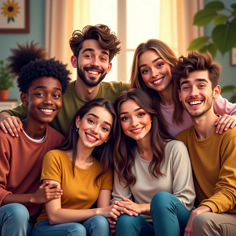 ((3 man wear jacket sitting), (2 hijabbed woman sitting), (1 hijabless teenage girl sitting)), casual fashion, happy expression, white skin people, indoor, extreme detail, masterpiece, 4k, adult 3D character, proportional, cinematic lighting