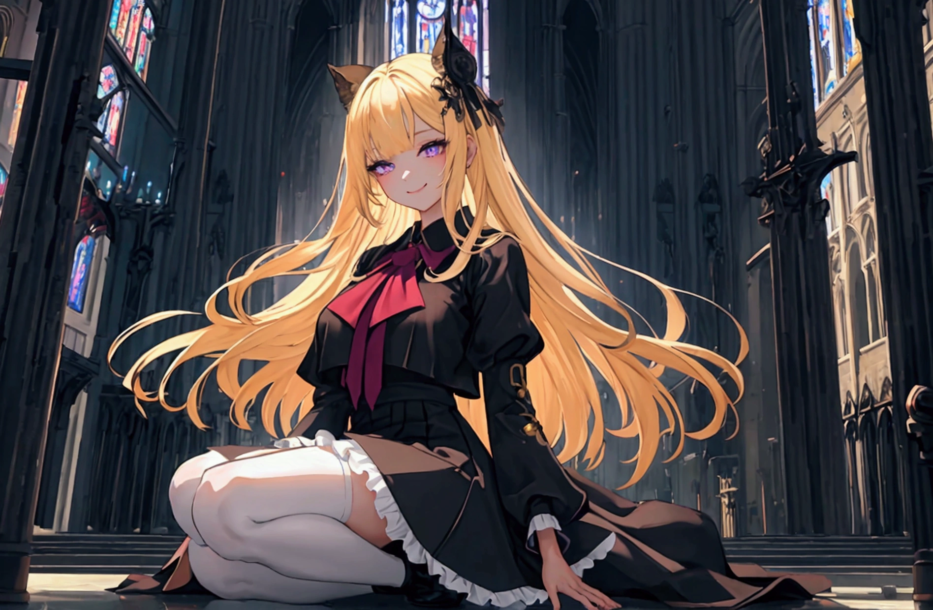 Beautiful Woman, Long blonde hair, Cat ears, Cat tail, Nun habit, black corset, white puffy shirt, mini skirt, white panties, black thigh high stockings, holding a holy book with gold crucifix on cover, sitting down on church pew, stained glass windows in background, castle church, amber eyes, sunrise, god rays