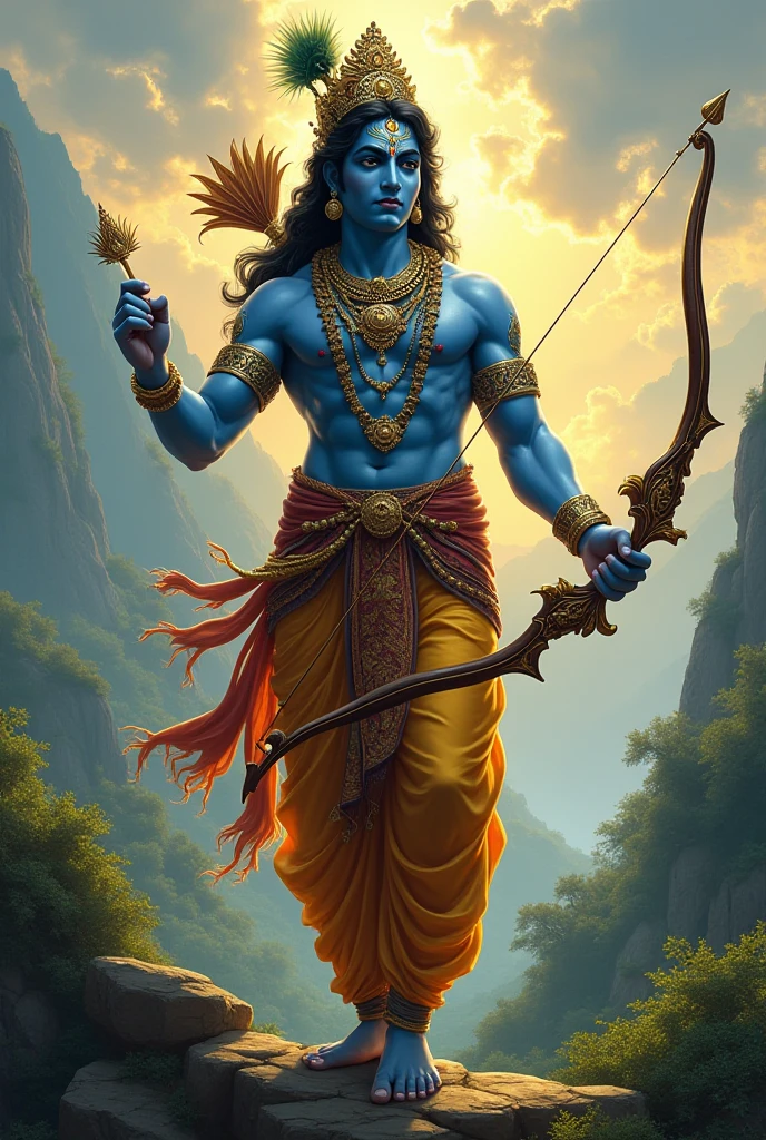 In the center of the image, Lord Rama stands tall with a serene and composed expression. He is depicted in traditional royal attire, with a dhoti and an upper garment, both in shades of saffron and gold. His blue skin glows softly, symbolizing divinity. Rama holds a bow in one hand, and his quiver, filled with arrows, is slung over his shoulder. His other hand is raised in a gesture of blessing. 19:6