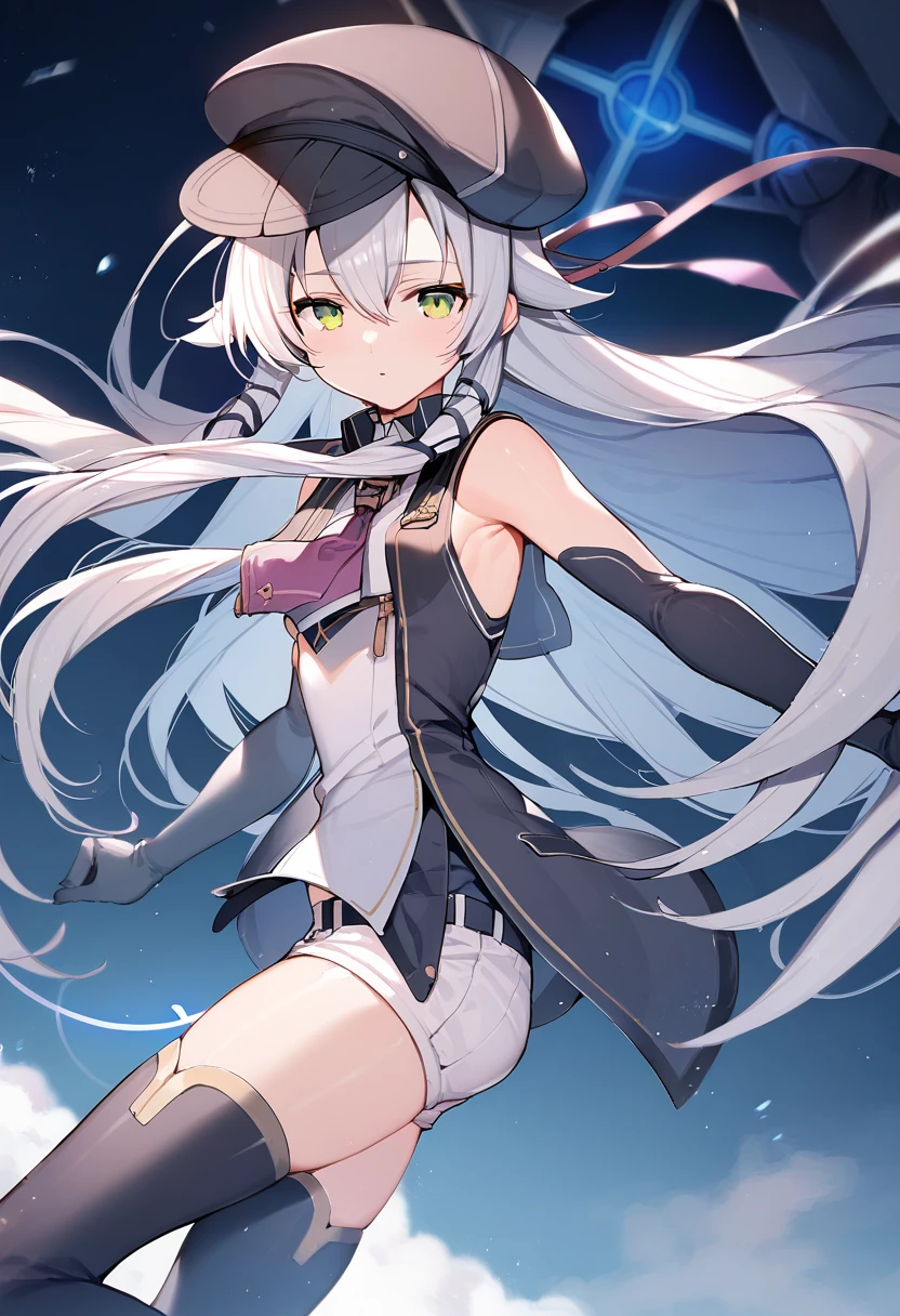 mononobe no futo, One Girl, Long sleeve, Sleeves edged with ribbon, Gray Hair, blue eyes, Proud face,
Underbust,  Medium ?????, ????,Thighs,Plump，milk,Underarm,Underbust，vapor，High Leg,Raise one leg,????????????,???????????,Jump,???