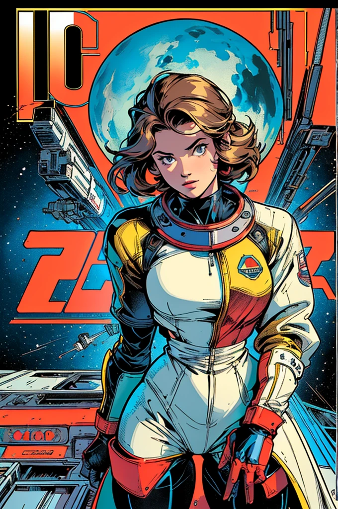 (((Top Quality Masterpiece ))),(((solo:1.2))),((( 1 woman :1.2))), 32K Highly Detailed Wallpaper , Retro Vintage Style ,(dynamic Angles),(((Overwhelming highlights))),((most complex machine)), American comics with a very flashy color scheme,80s space thriller movie poster ,70s movie poster,Perfect description