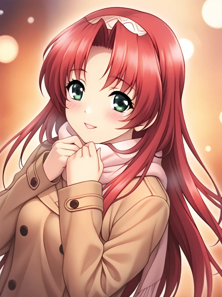 masterpiece, best quality, SetoAyano, 1girl, solo, long hair, red hair, green eyes, breasts, smile, blush, hairband, smile, happy, blush, Trench Coat and Scarf, Cute and warm clothes, cold winter night, cinematic angle,