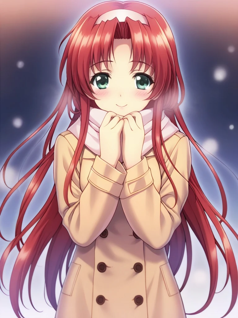 masterpiece, best quality, SetoAyano, 1girl, solo, long hair, red hair, green eyes, breasts, smile, blush, hairband, smile, happy, blush, Trench Coat and Scarf, Cute and warm clothes, cold winter night, cinematic angle,